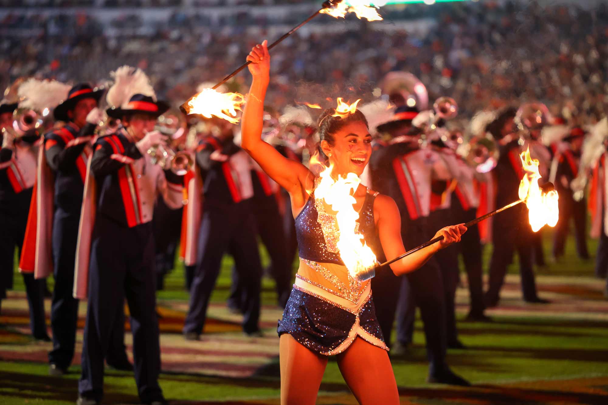 Portrait of the Cavalier Marching Band and baton twirlers entertain the crowd of 50,107 at Scott Stadium.