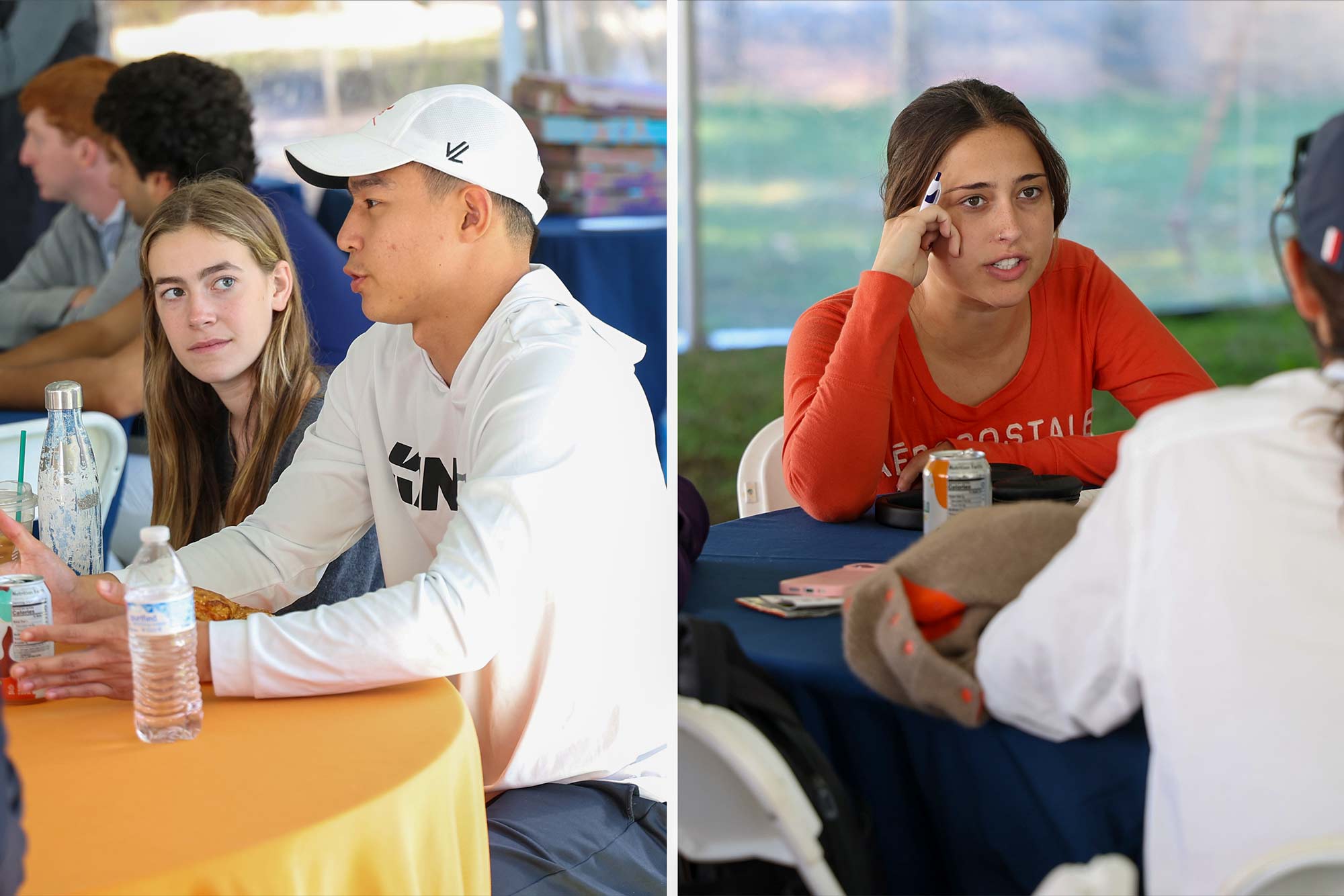 Students Mac Wang, left, and Lily Bass, right, both in an active debat with a UVA professor