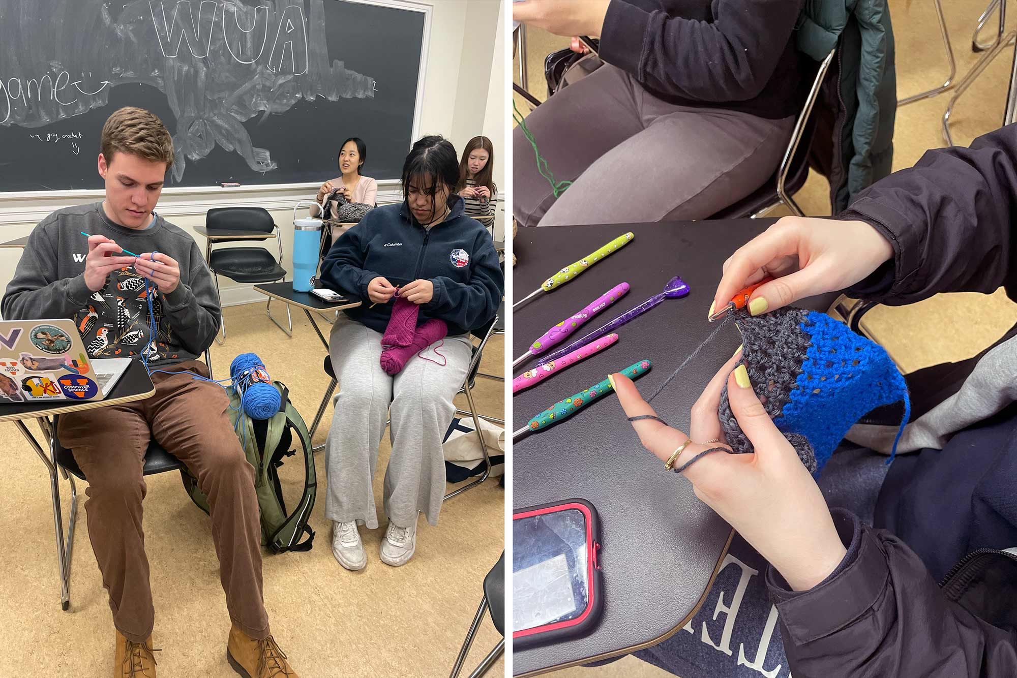 Crochet club members working on crafts