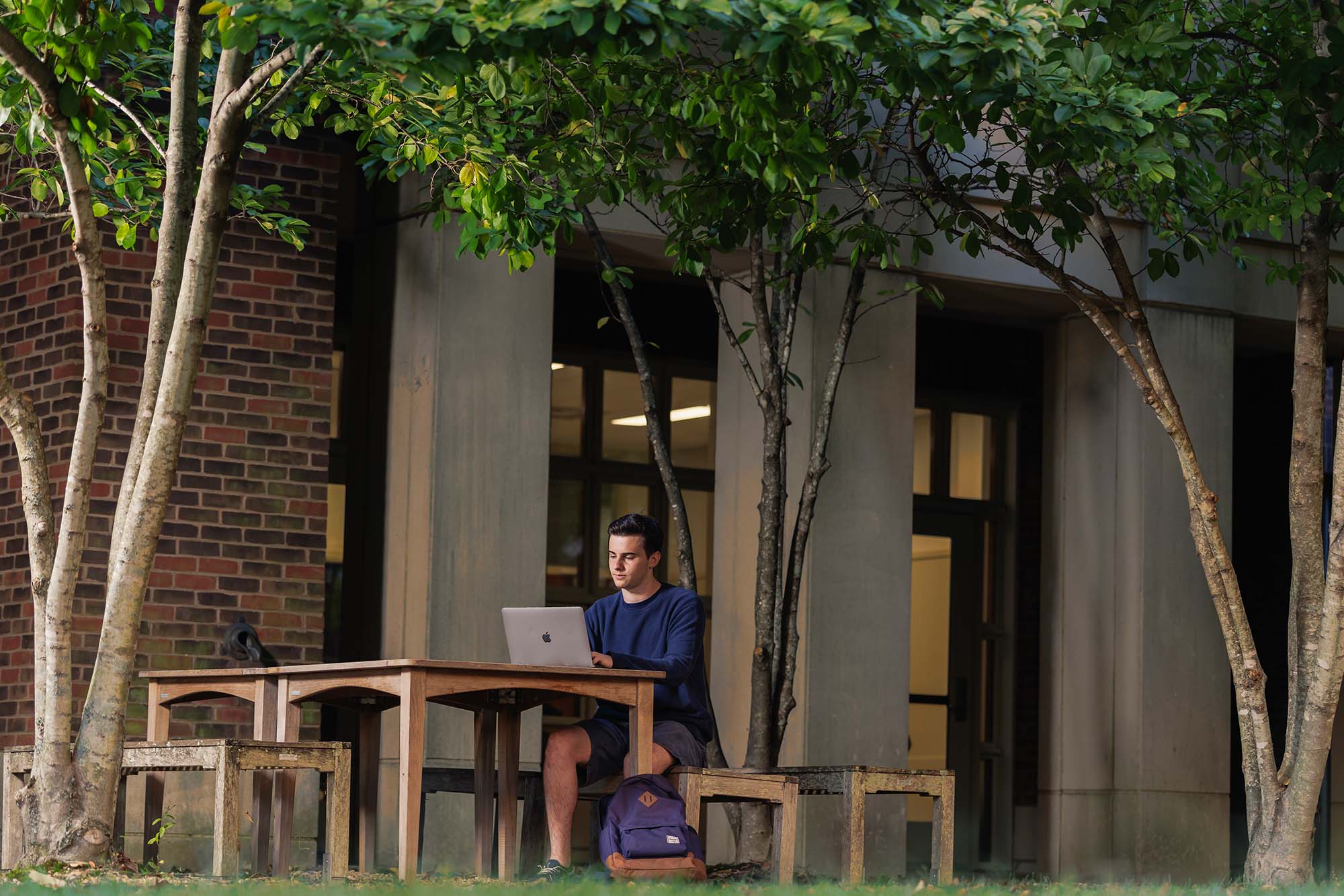 distance shot of Levy working on his laptop at an outdoor table.