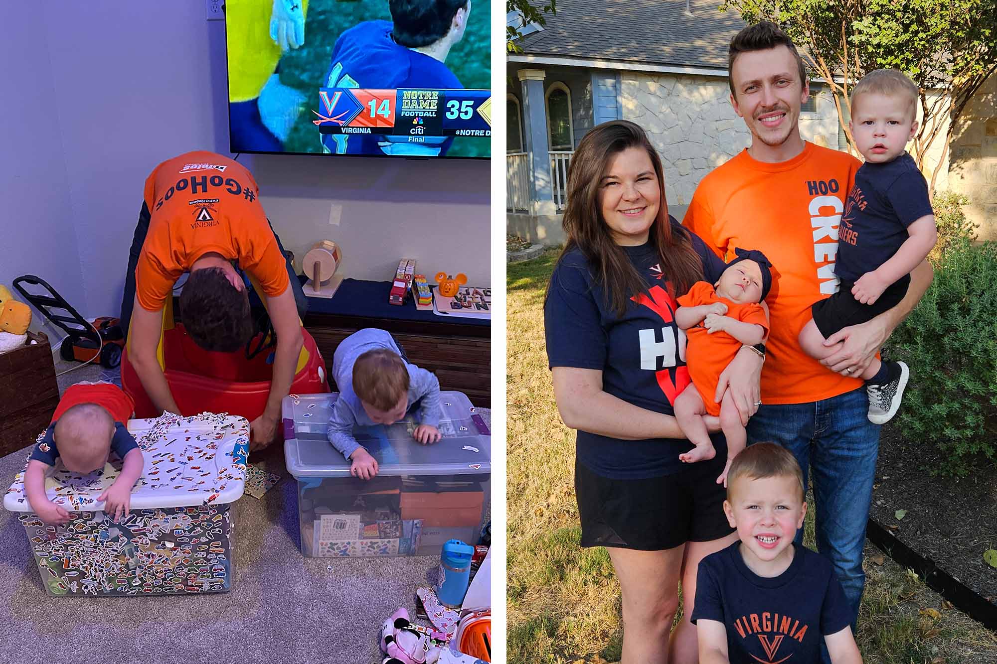 On the left Mike Bunting  with his two sons remaking the “Sad Virginia Fan” meme, on the right the whole Bunting’s family