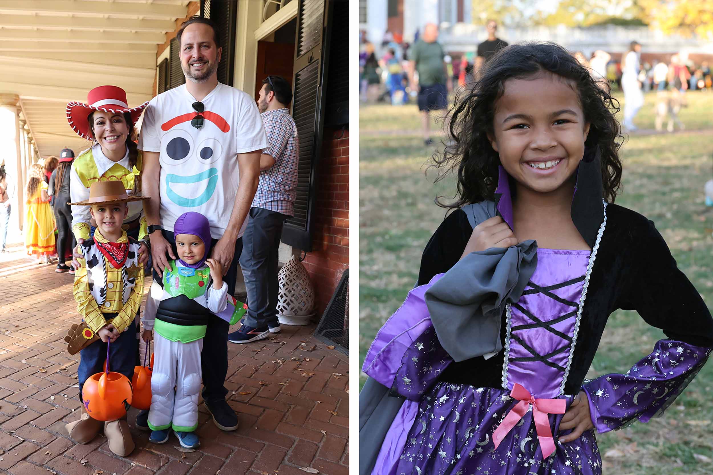 Side by side of a family dressed as Toy Story characters and a girl dressed up as a witch