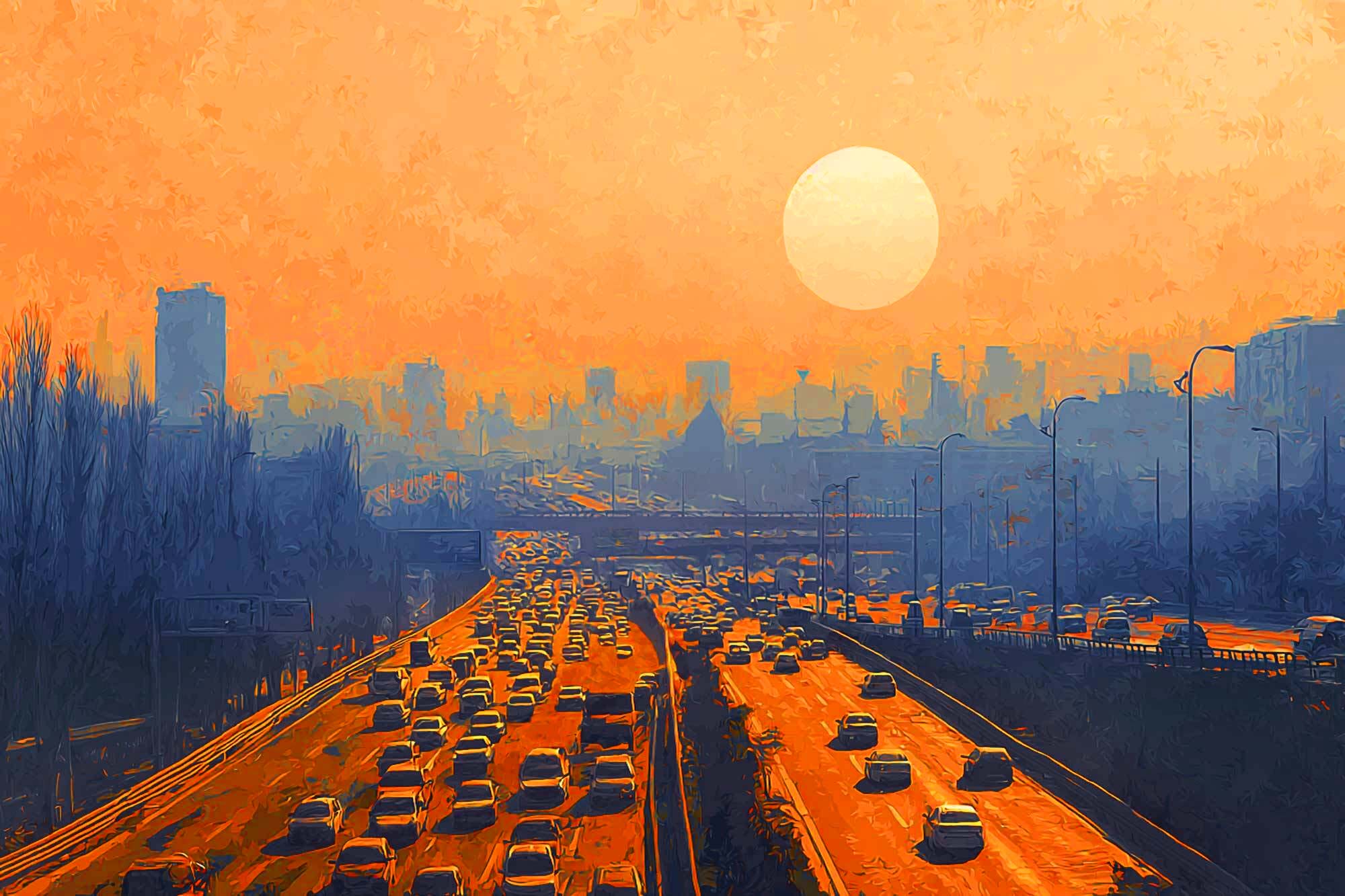 illustration of a highway with several cars traveling in the late afternoon