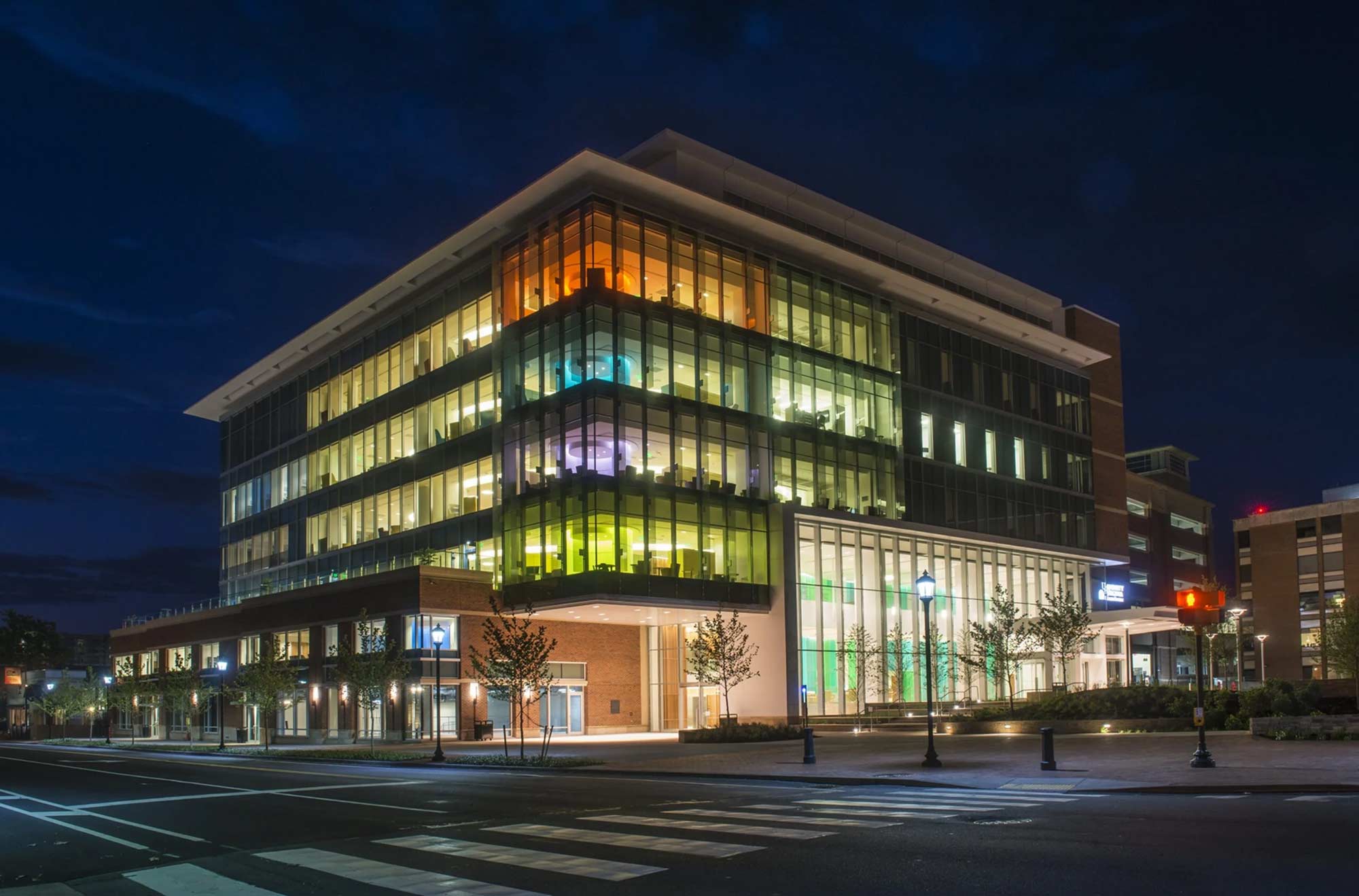 exterior photograph of UVA Health Children's at night