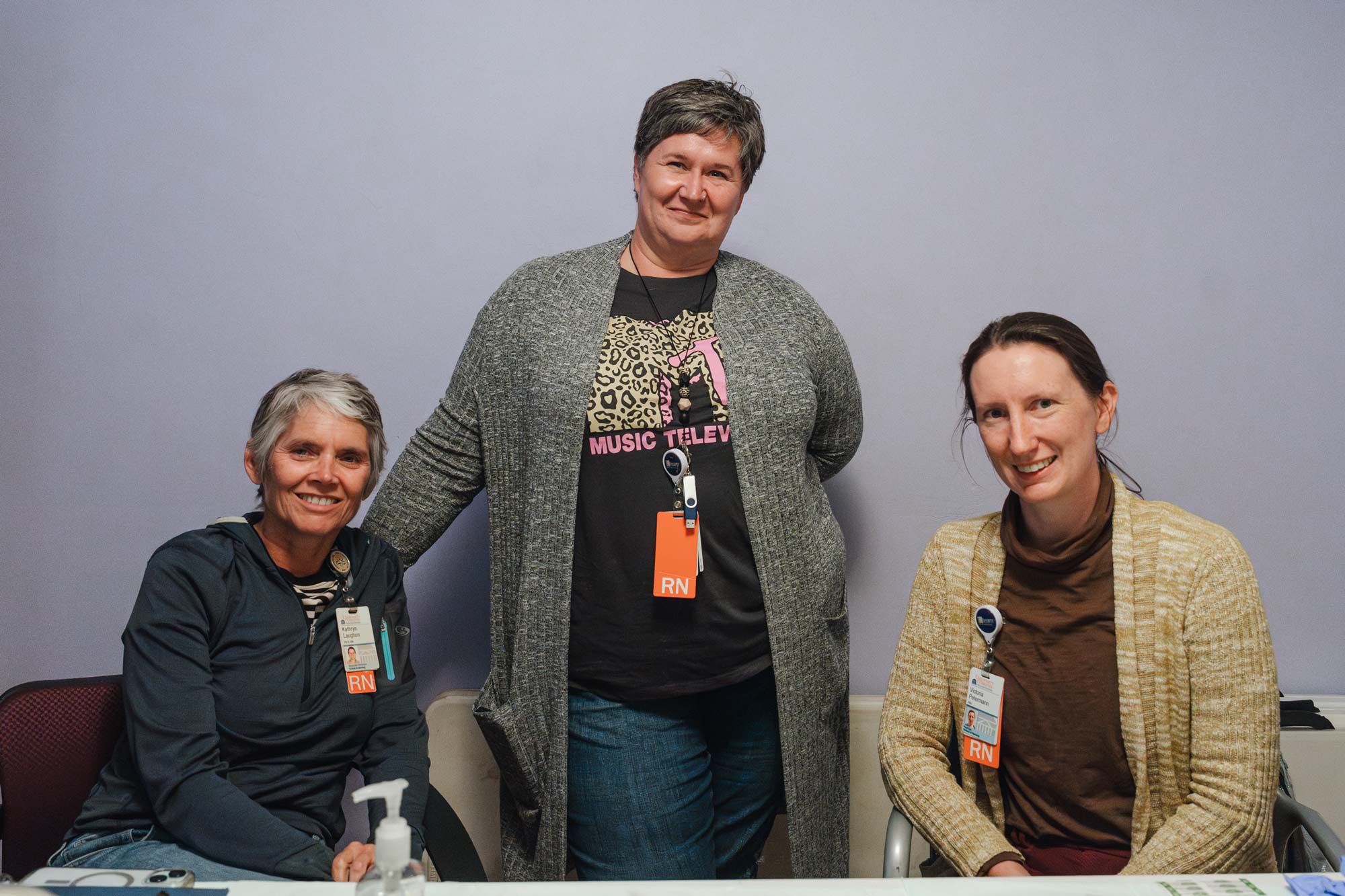 Group portrait of Kathryn Laughon, Jennifer Gaines and Victoria Petermann, fellow nurses.