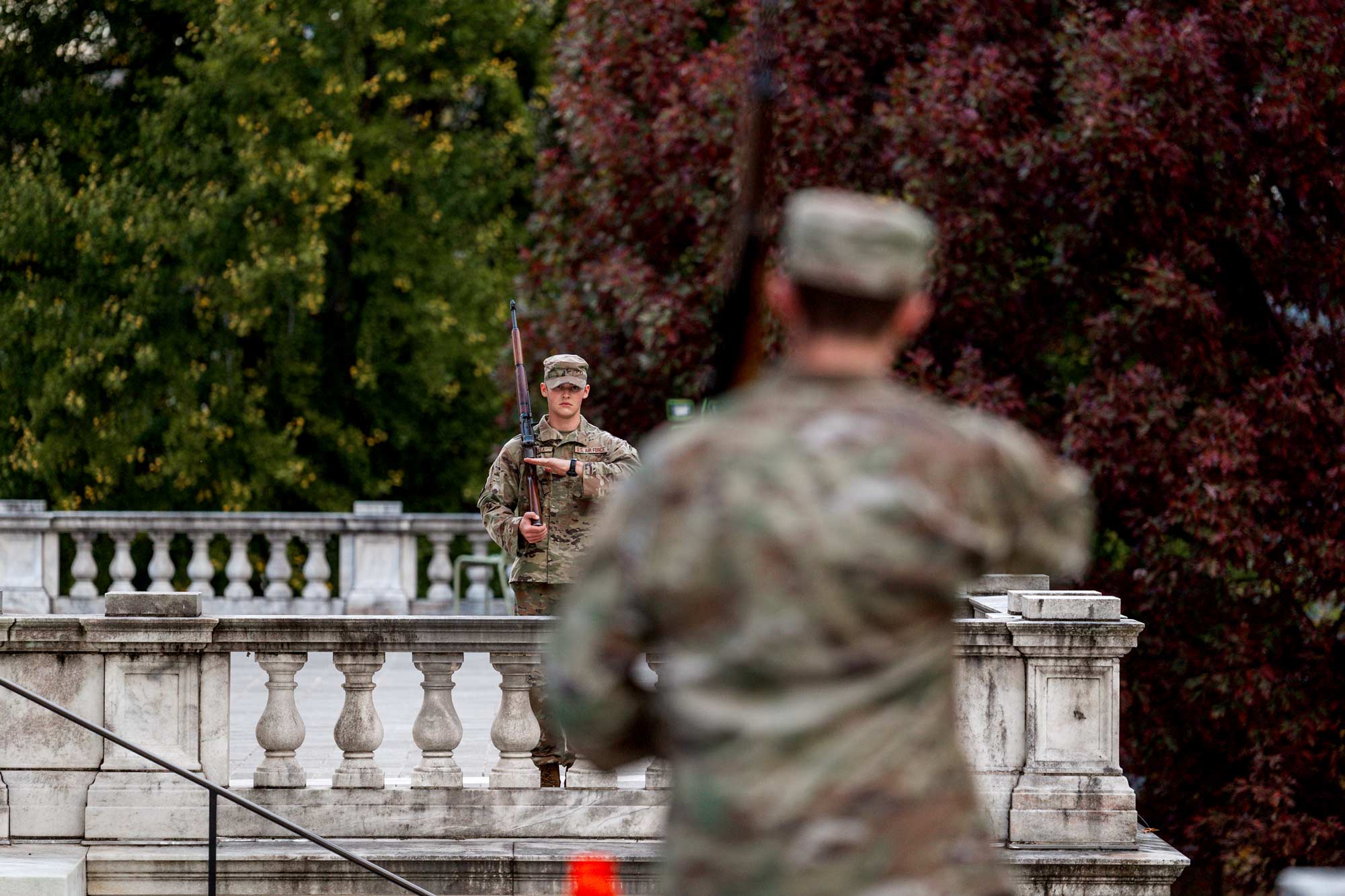 Cadets and midshipmen march on the north terrace of the Rotunda 