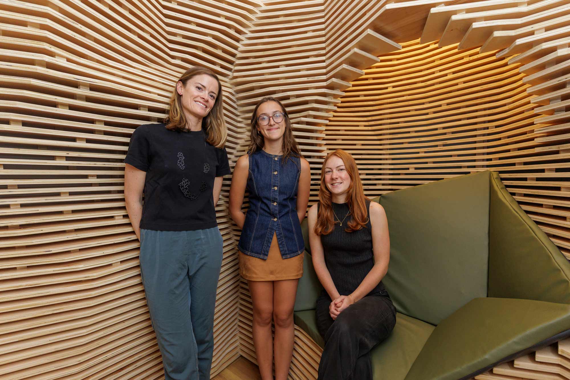 Professor Katie Stranix, Nina Accousti and Catherine Kazel in the reflection space at UVA Student Health and Wellness