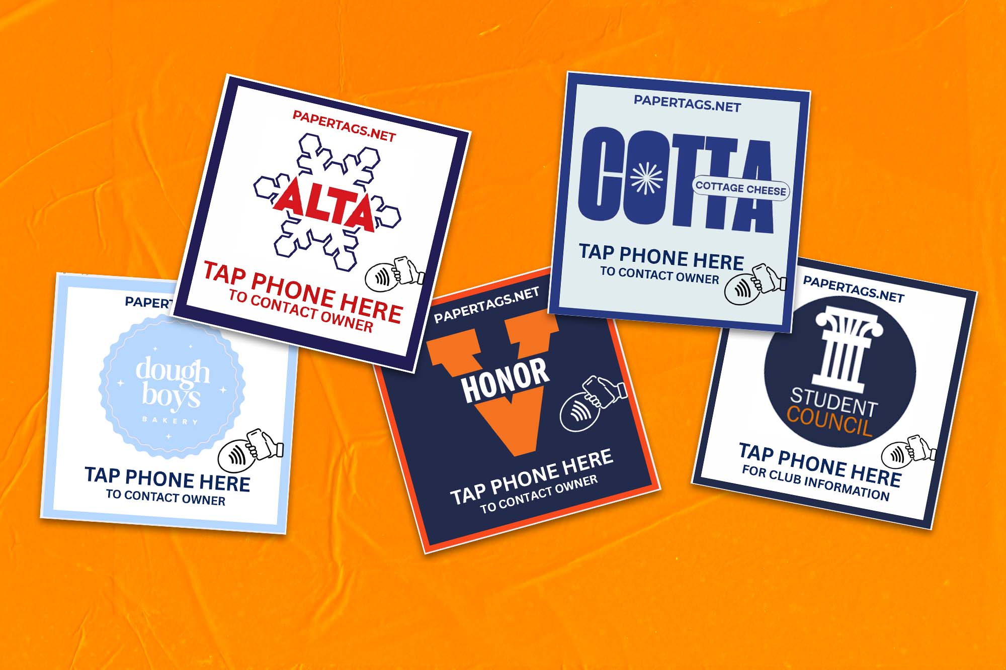 A collage of paper tag designs for local clubs and organizations