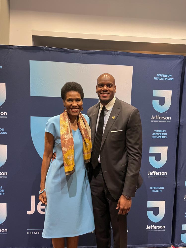 Rhunette and D’Brickashaw Ferguson at Jefferson Hospital's pinning ceremony