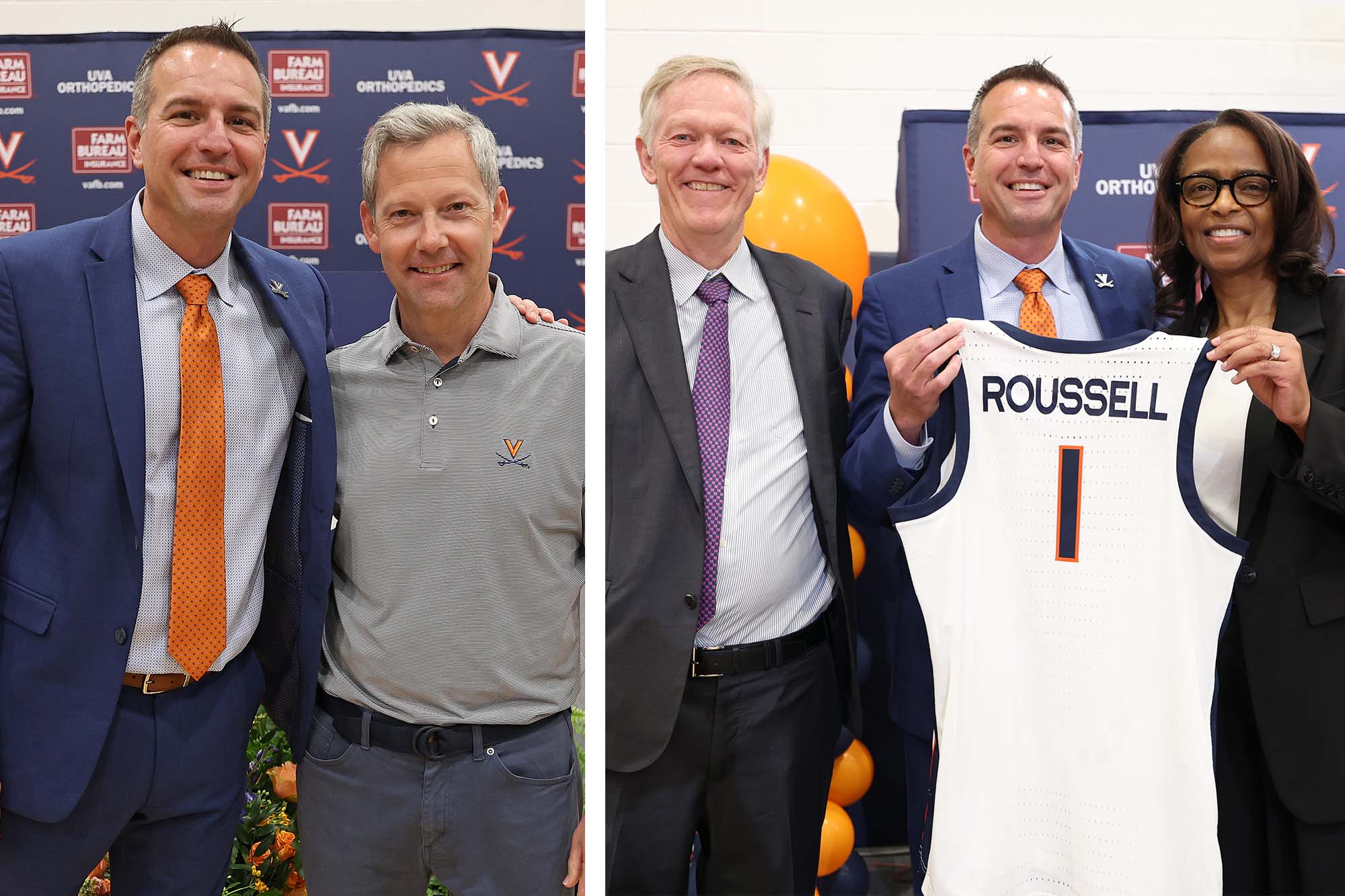 Roussell stands with UVA coaches and leaders as they welcome him as the new head coach.