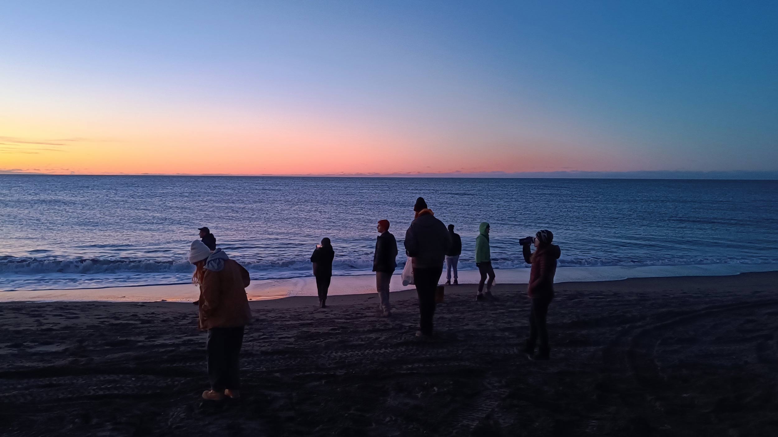 Portrait of people strolling along the beach.