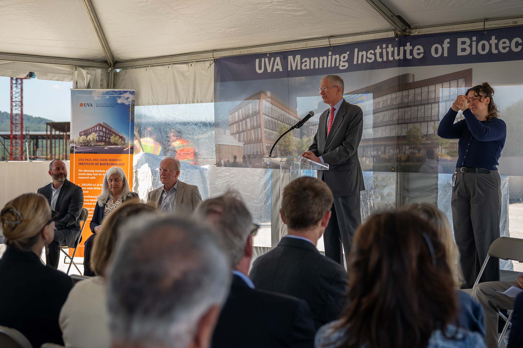 Candid portrait of UVA interim President Paul Mahoney addressing the crowd.