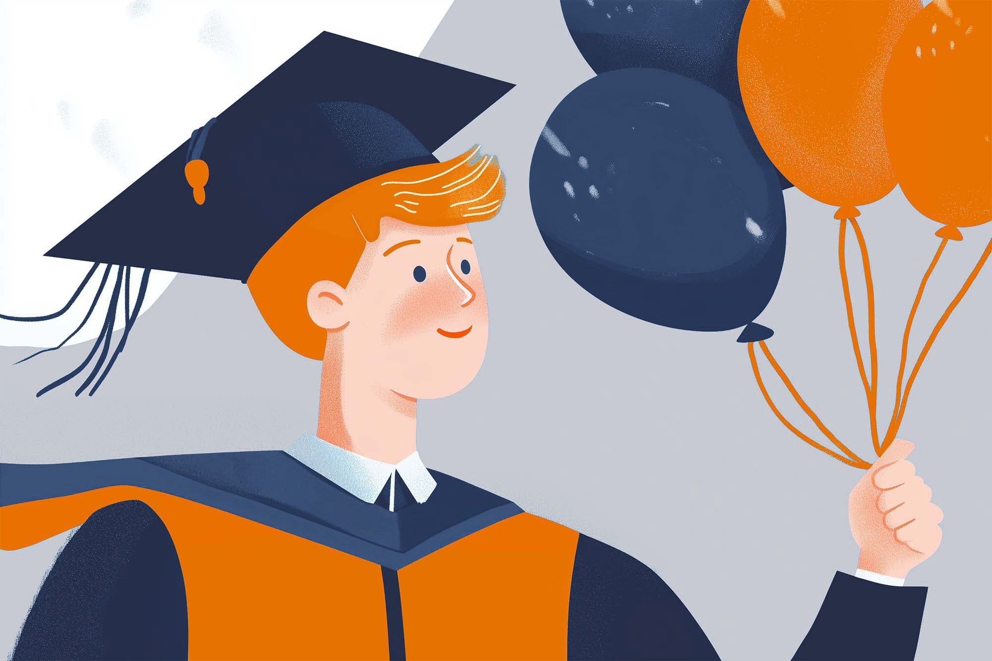 Illustration of a graduate holding balloons