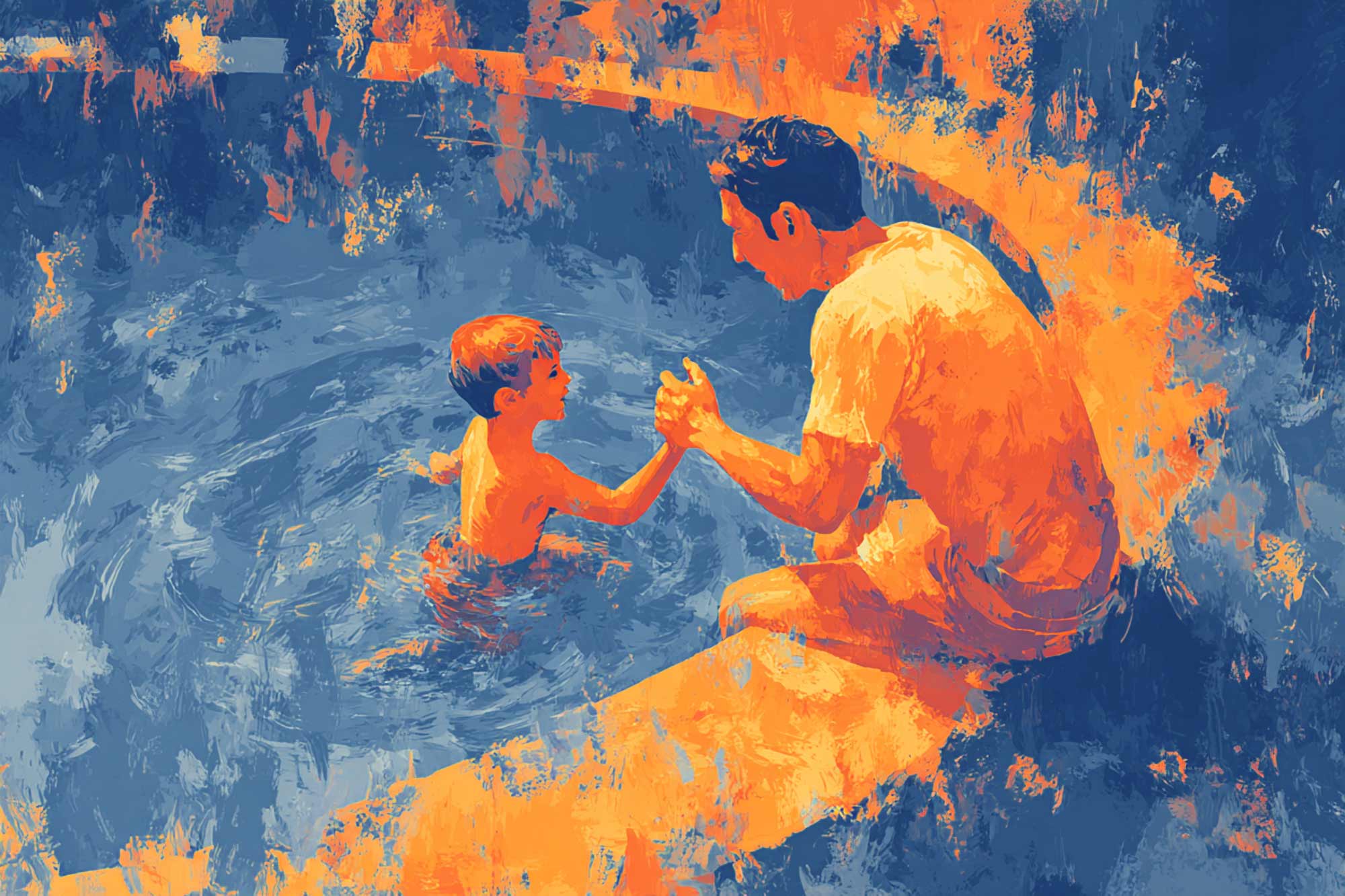 illustration of a man teaching a boy how to swim