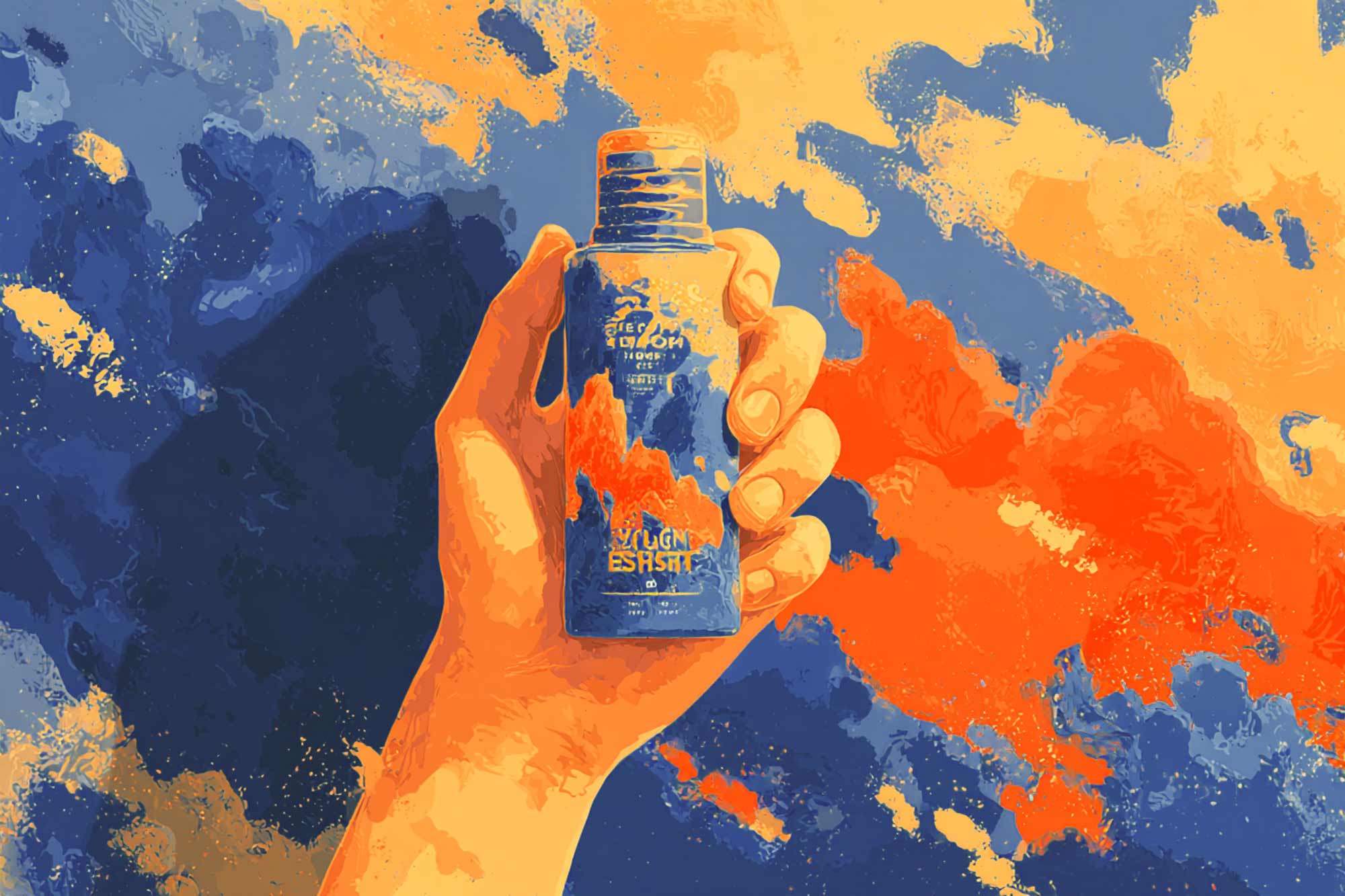 illustration of a hand holding a bottle of sunscreen