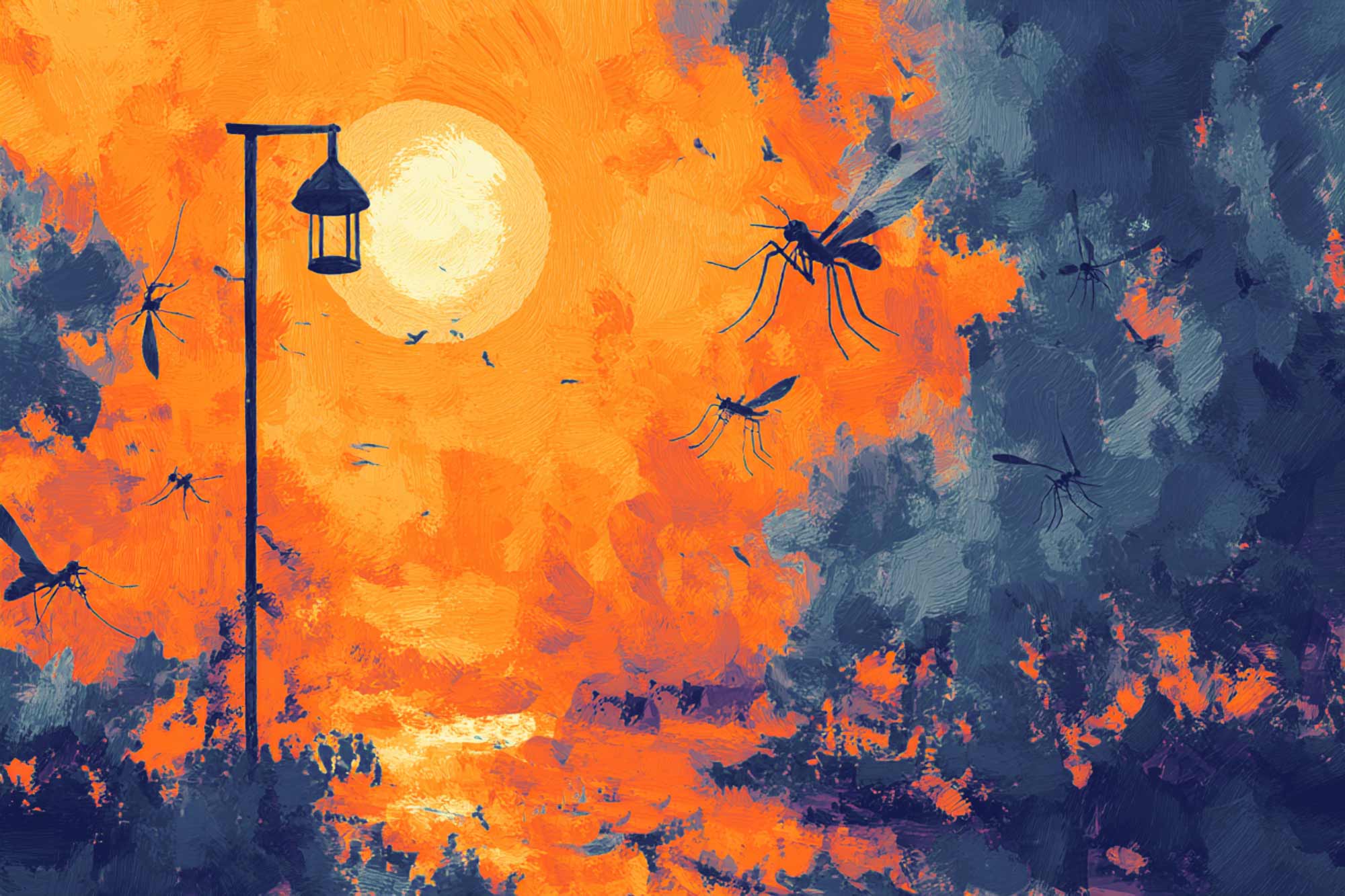 illustration of mosquitos flying around a lamp post