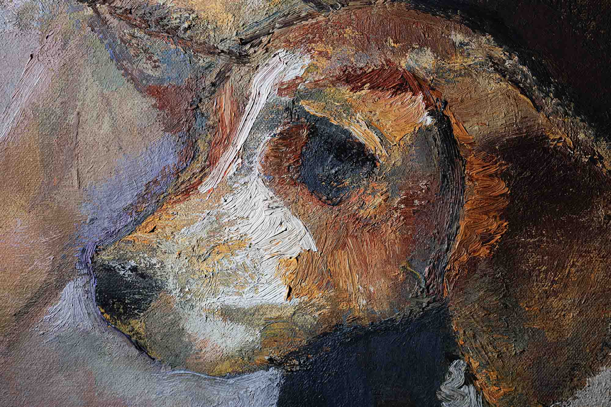 Close up of the paint strokes are visible in the face of a dog in a mural in Old Cabell Hall