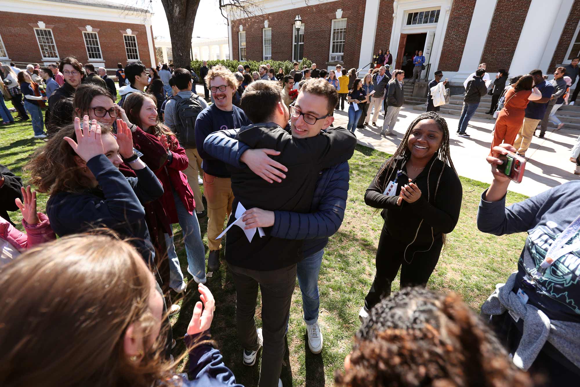 Students hugging and cheering during Match Day