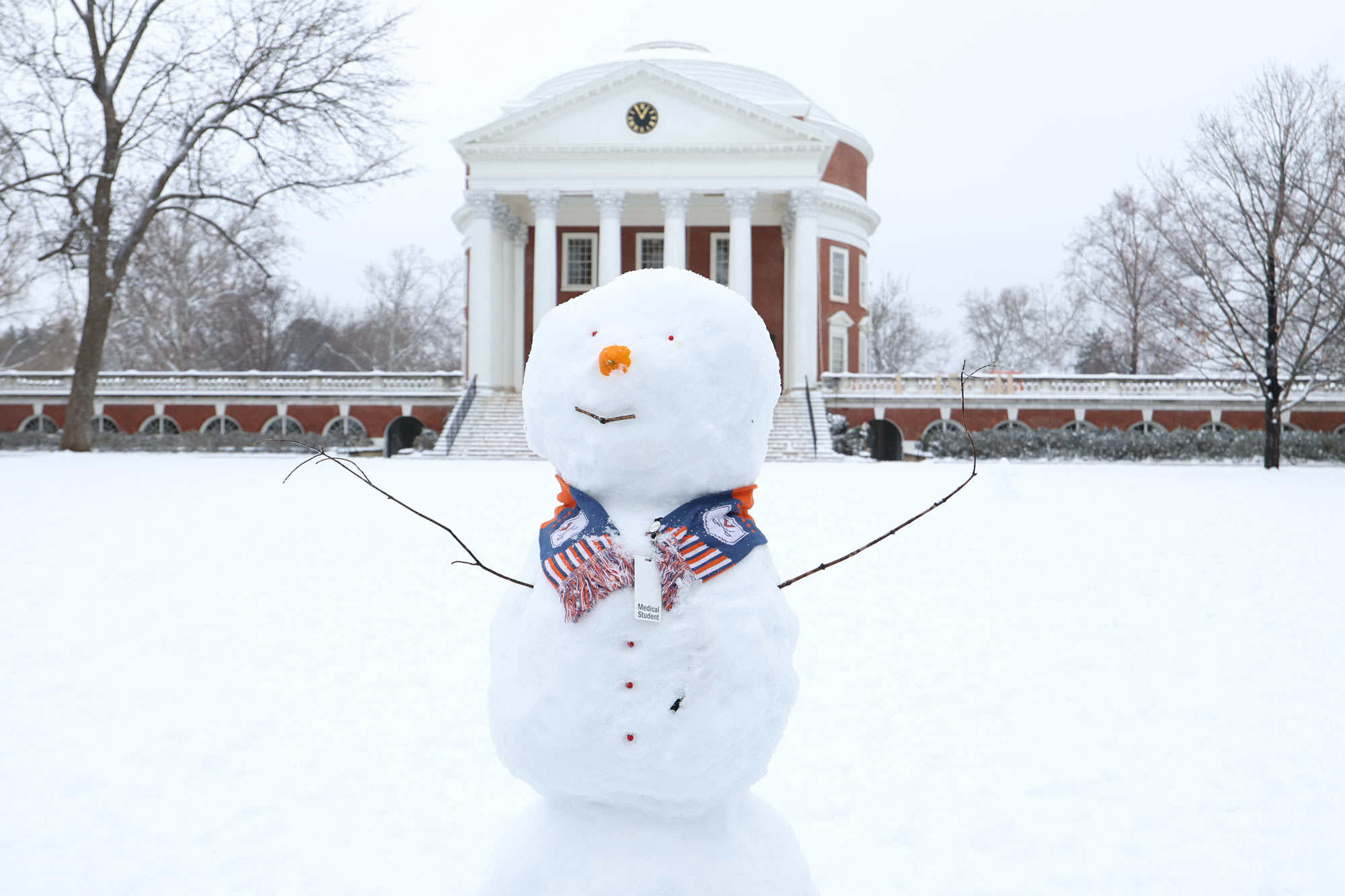 The snowman referenced in the story in front of the Rotunda smiling