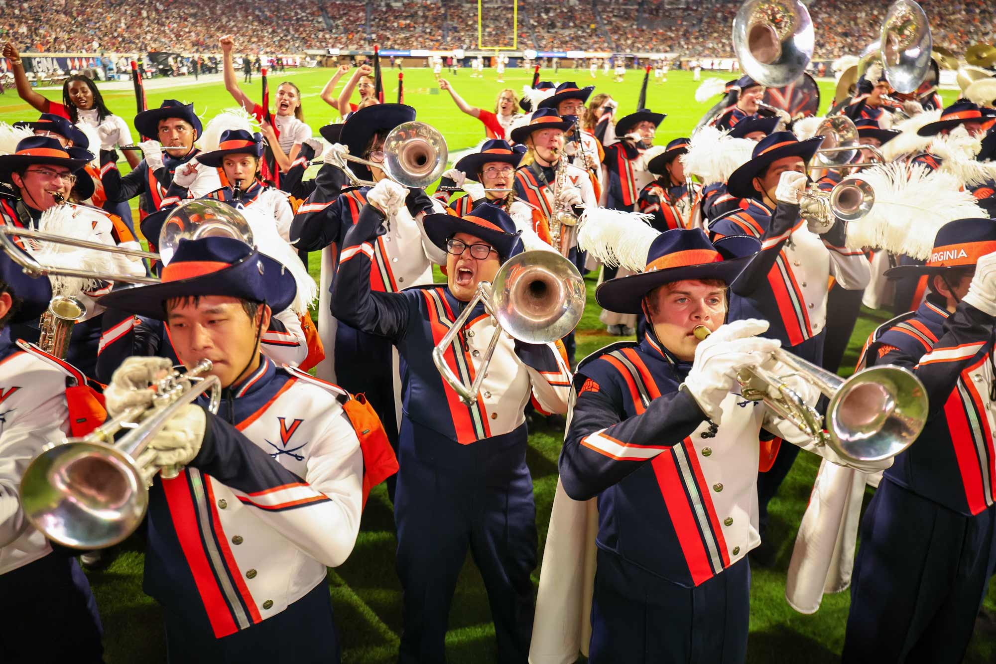 Picture of the Cavalier Marching Band plays a tune.