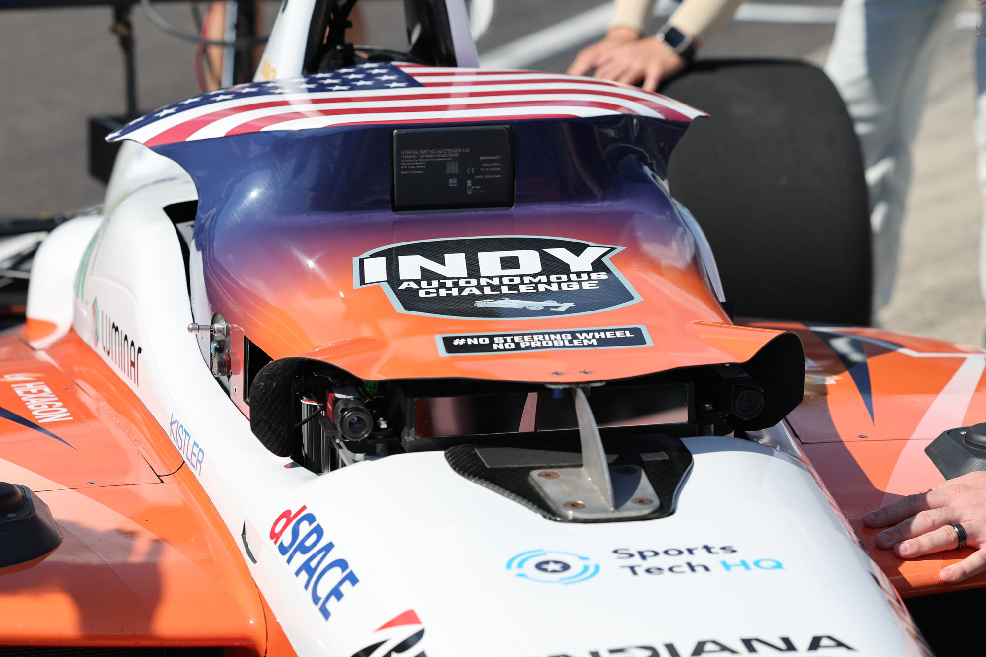 Close up of the cameras and sensors on the front of the University of Virginia’s autonomous racecar.