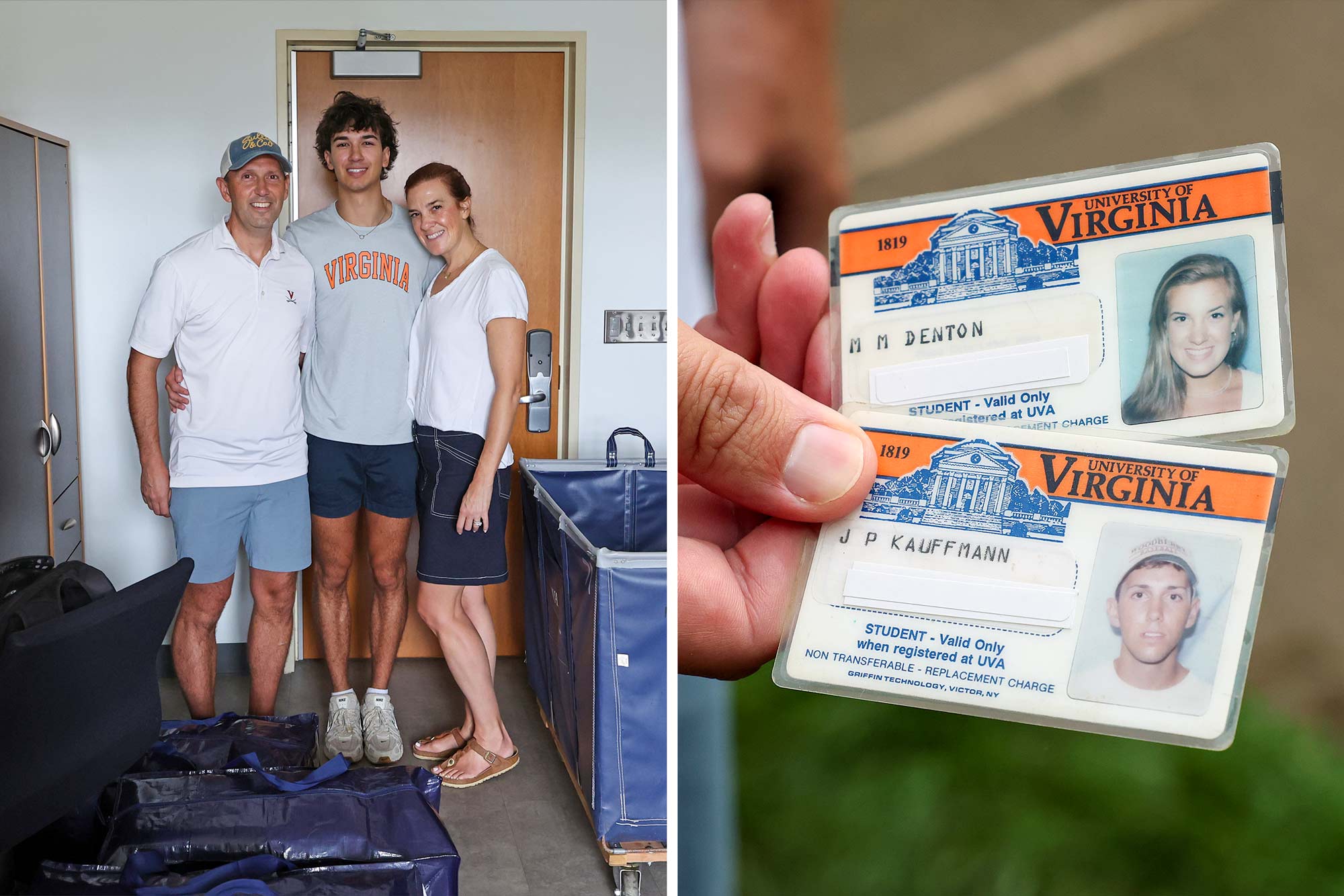 left, a family poses for a photo during move in weekend 2025 and right, parents share their student IDs from when they attended UVA