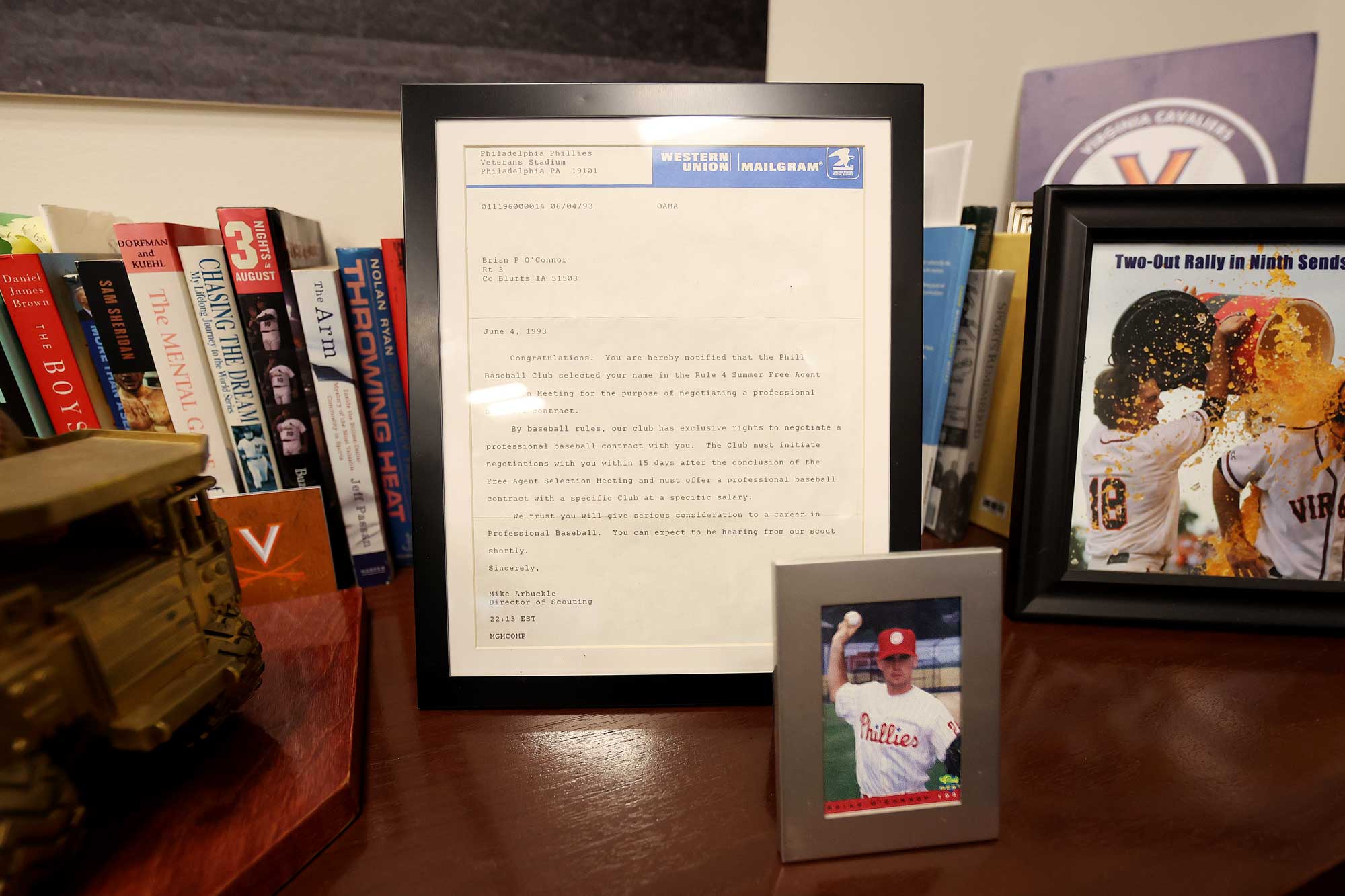 A framed Western Union letter from the Philadelphia Phillies.