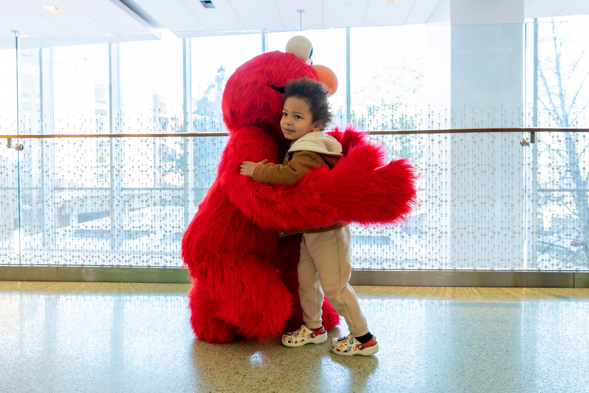 A child hugging a large Elmo