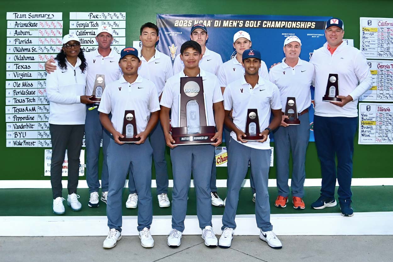 Group photo of the 2025 UVA men’s golf team holding their recent trophies