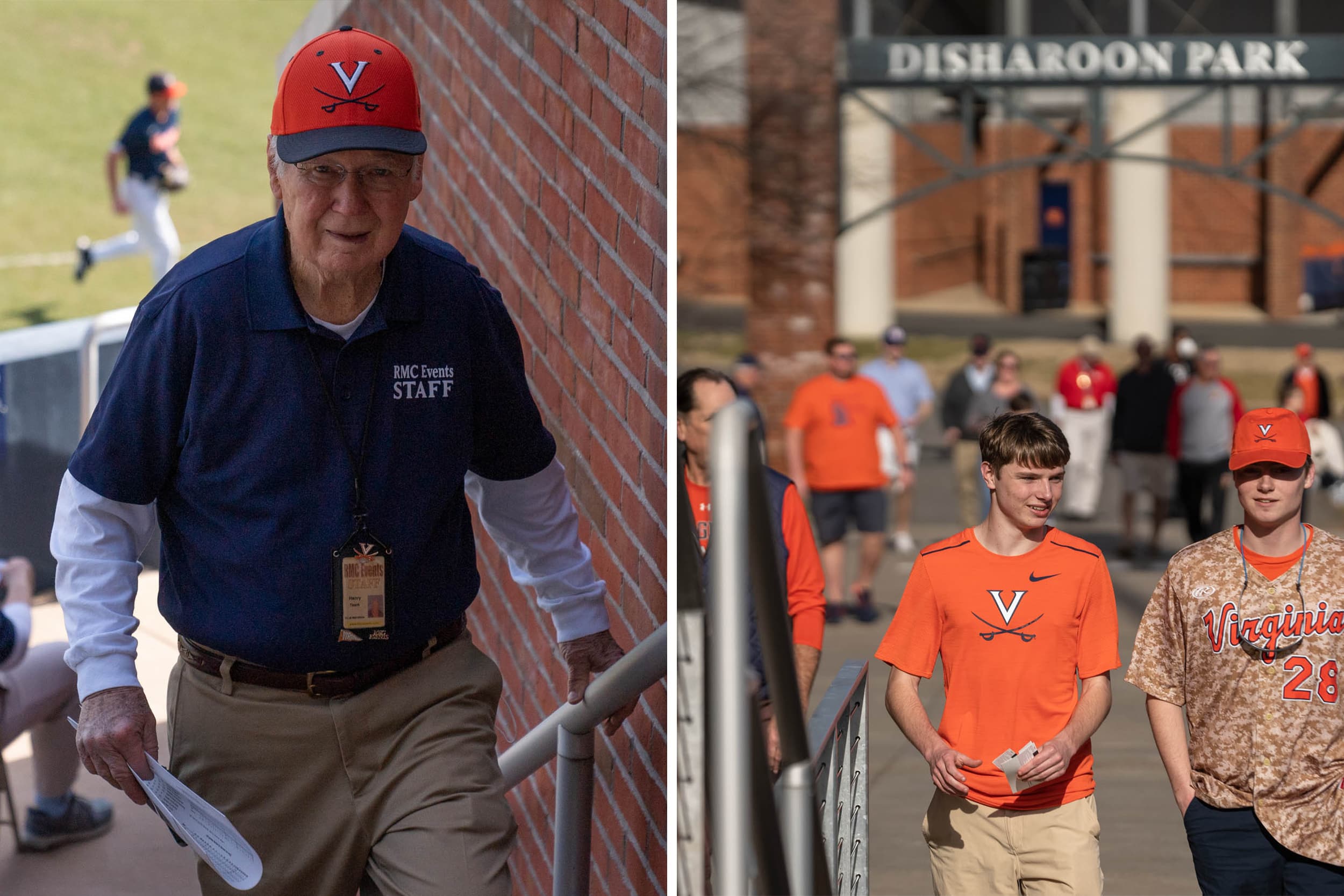 RMC Event staff member walking up the stairs left and UVA fans walking out of Disharoon Park right