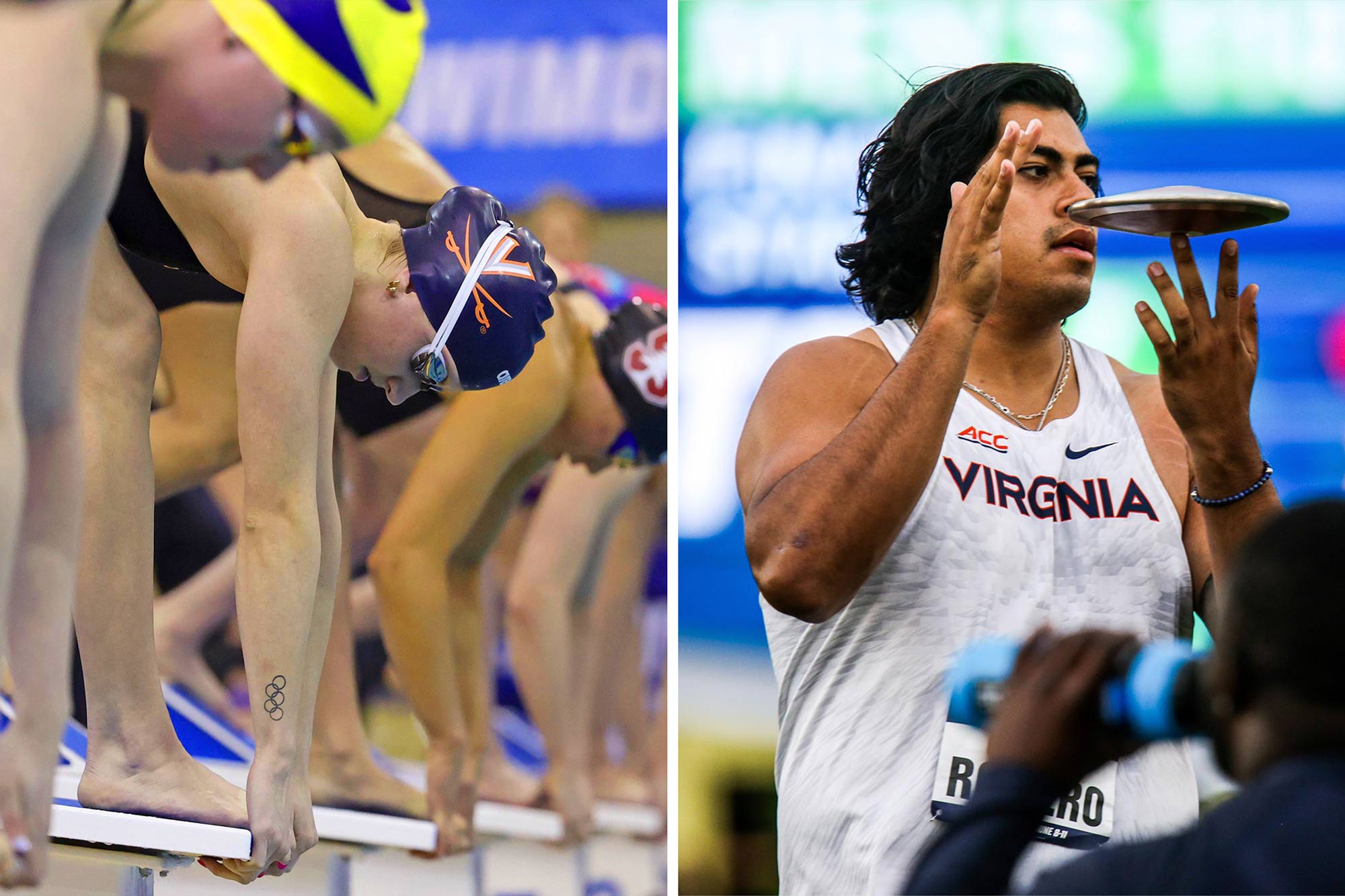 Left: Swimmers on the starting blocks.  Right: Man jumping in the air catching a disc