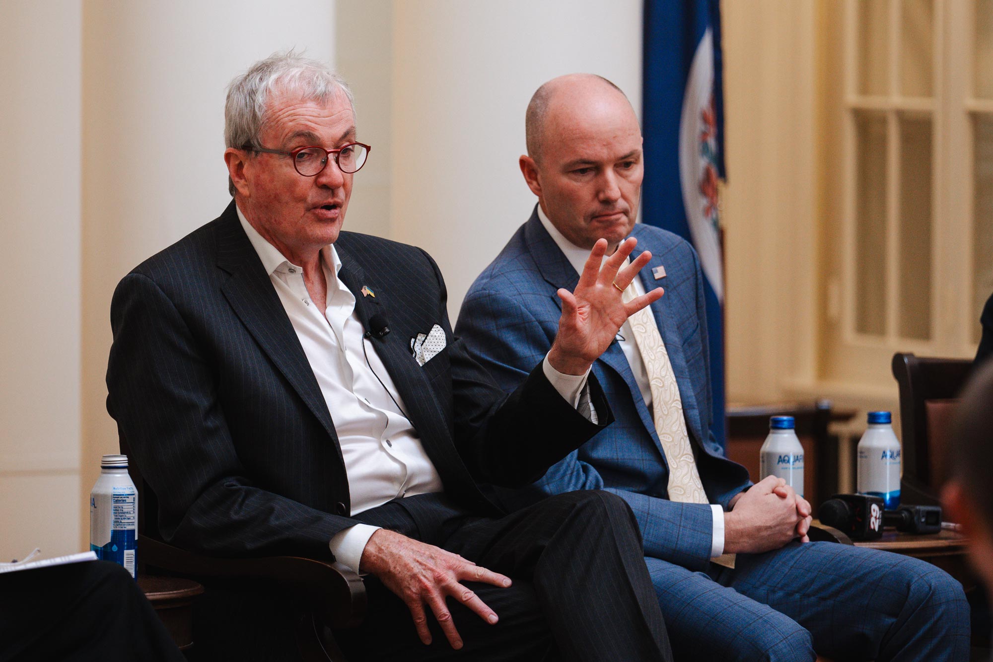 Portrait of New Jersey Gov. Phil Murphy, left, and Utah Gov. Spencer Cox on right