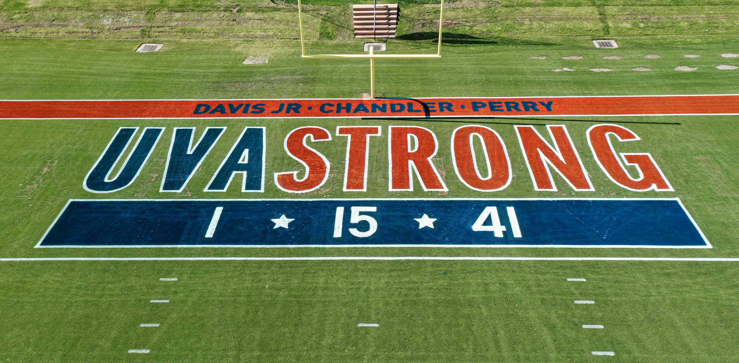 UVA Strong | 1 • 15 • 41 painted on the north endzone
