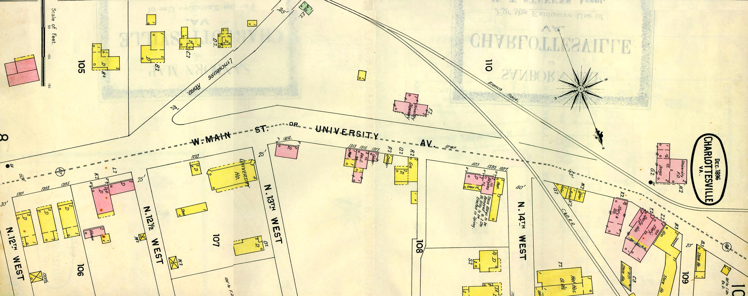 An 1896 Sanborn Map shows the spur line coming off the main rail line and extending along the Long Walk onto University Grounds. 