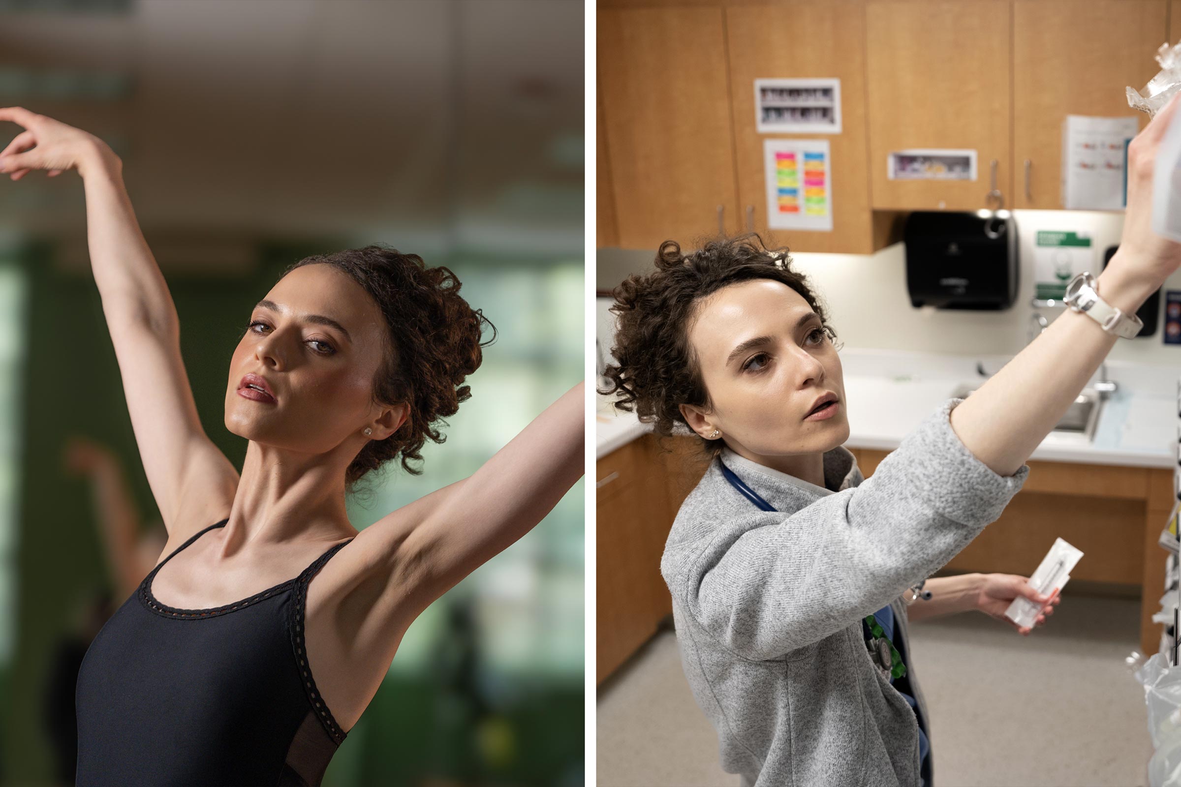 On the left, Molly poses as a ballerina, on the right she reaches in toward a cabinet for medical supplies