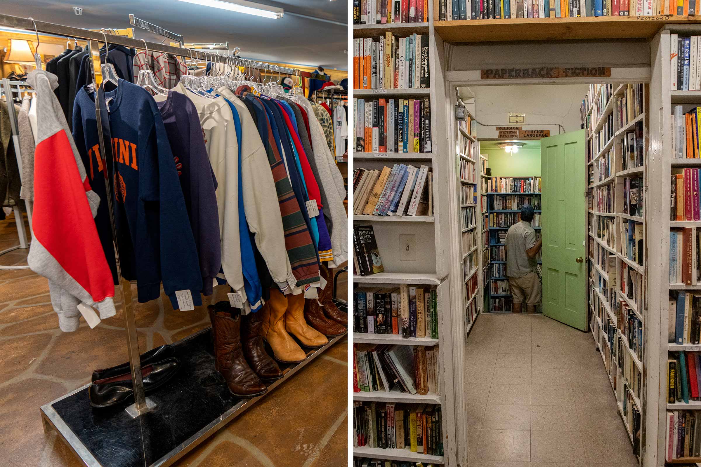 Two distinct portraits: one of clothes in a closet and the other showing many books on a shelf.