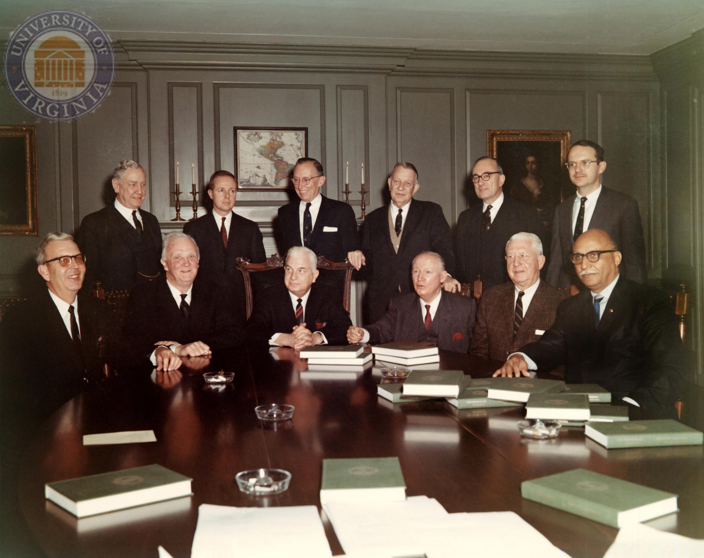 Howard (far right, standing) served as executive director of the Virginia Commission on Constitutional Revision with (seated, from left) Alexander M. Harman Jr., Colgate W. Darden, Albertis S. Harrison, Davis Y. Paschall, Ted Dalton, Oliver W. Hill; and (standing, from left) J. Sloan Kuykendall, Albert V. Bryan Jr., Lewis F. Powell Jr., Hardy C. Dillard and George M. Cochran. 