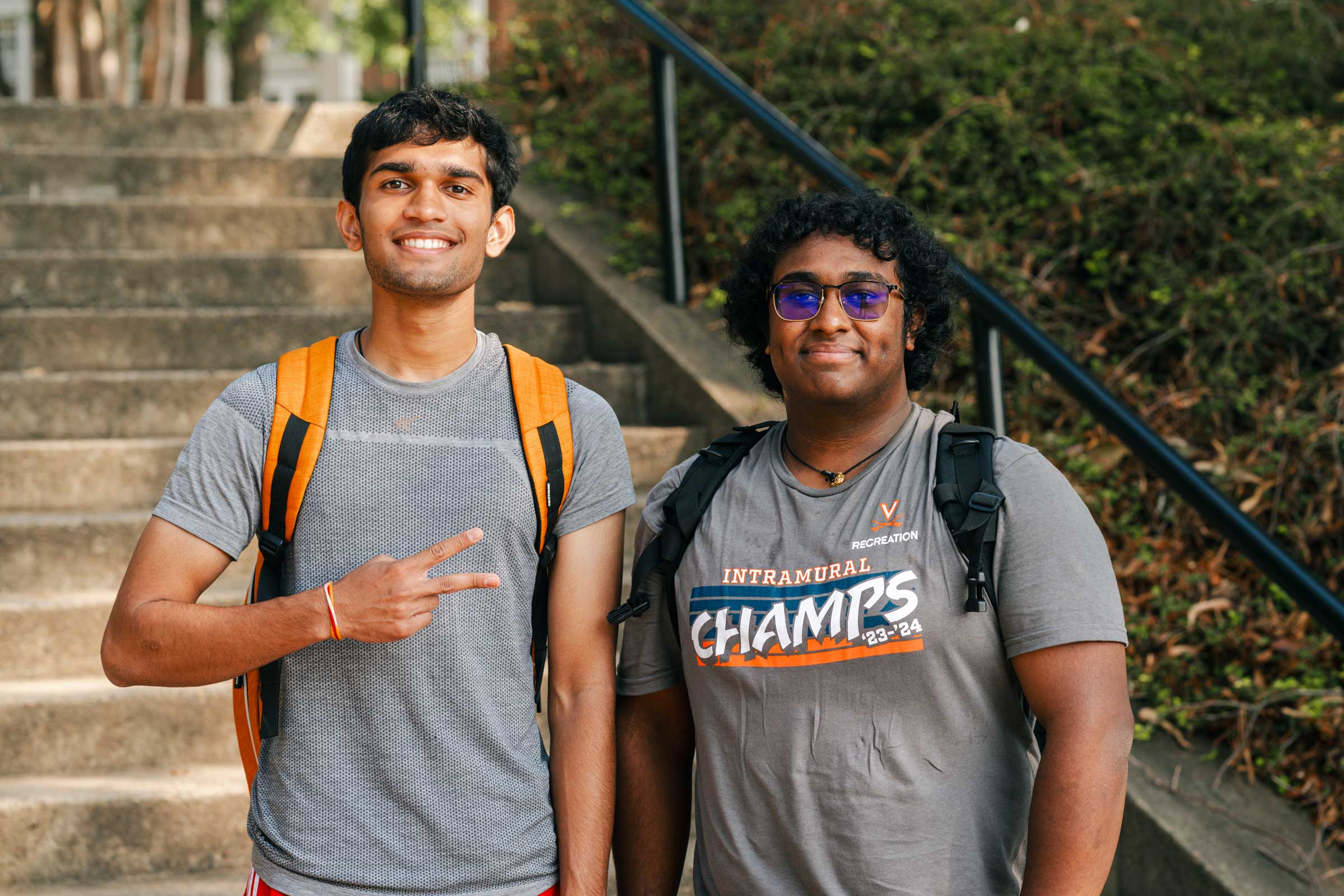 Portrait of UVA First-year students Akshaj Jagarapu, left, and Sri Sambangi. 