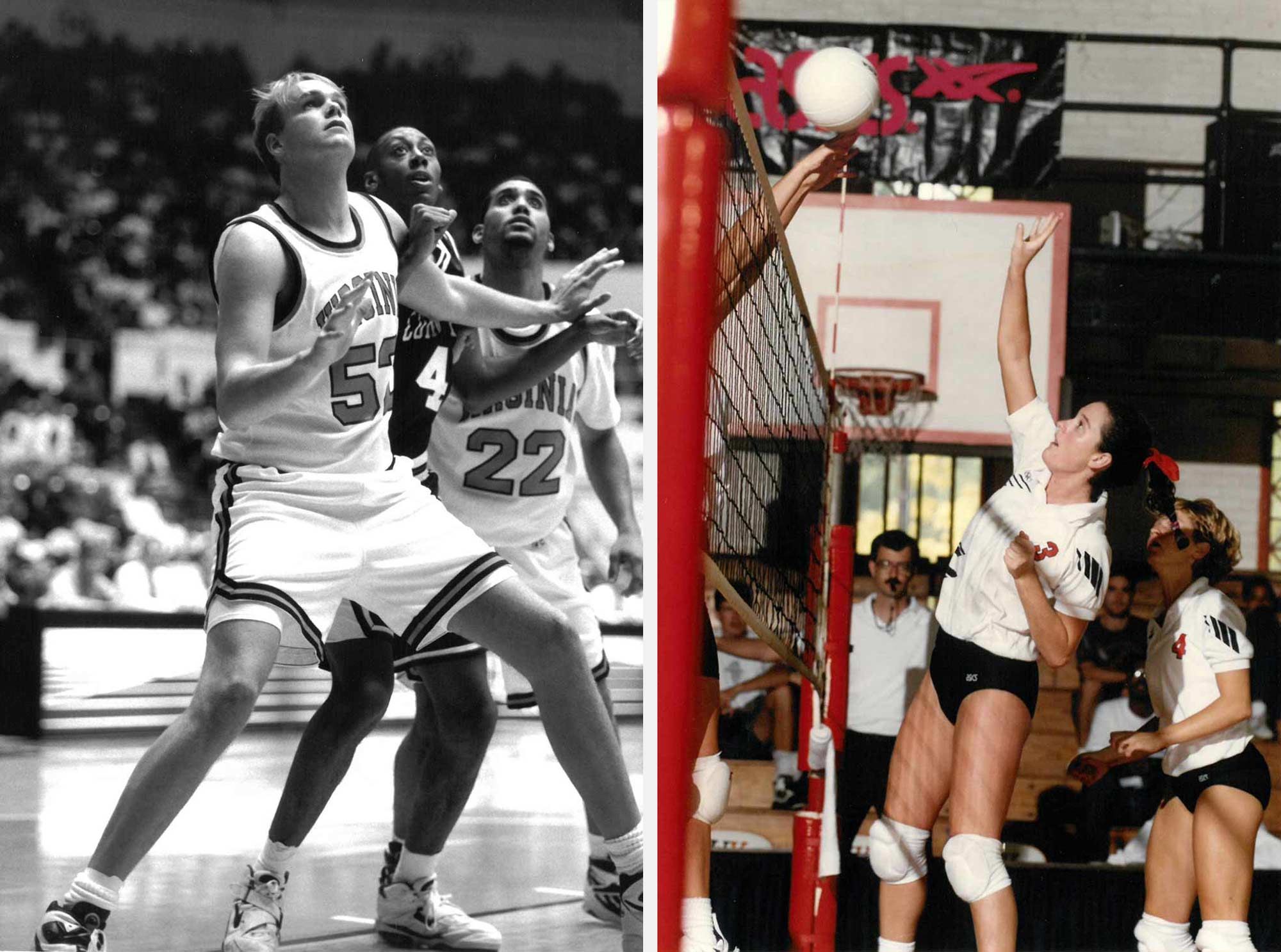 Left: Shawn Wilson playing basketball.  Right: Kerry Wilson playing volleyball during a game