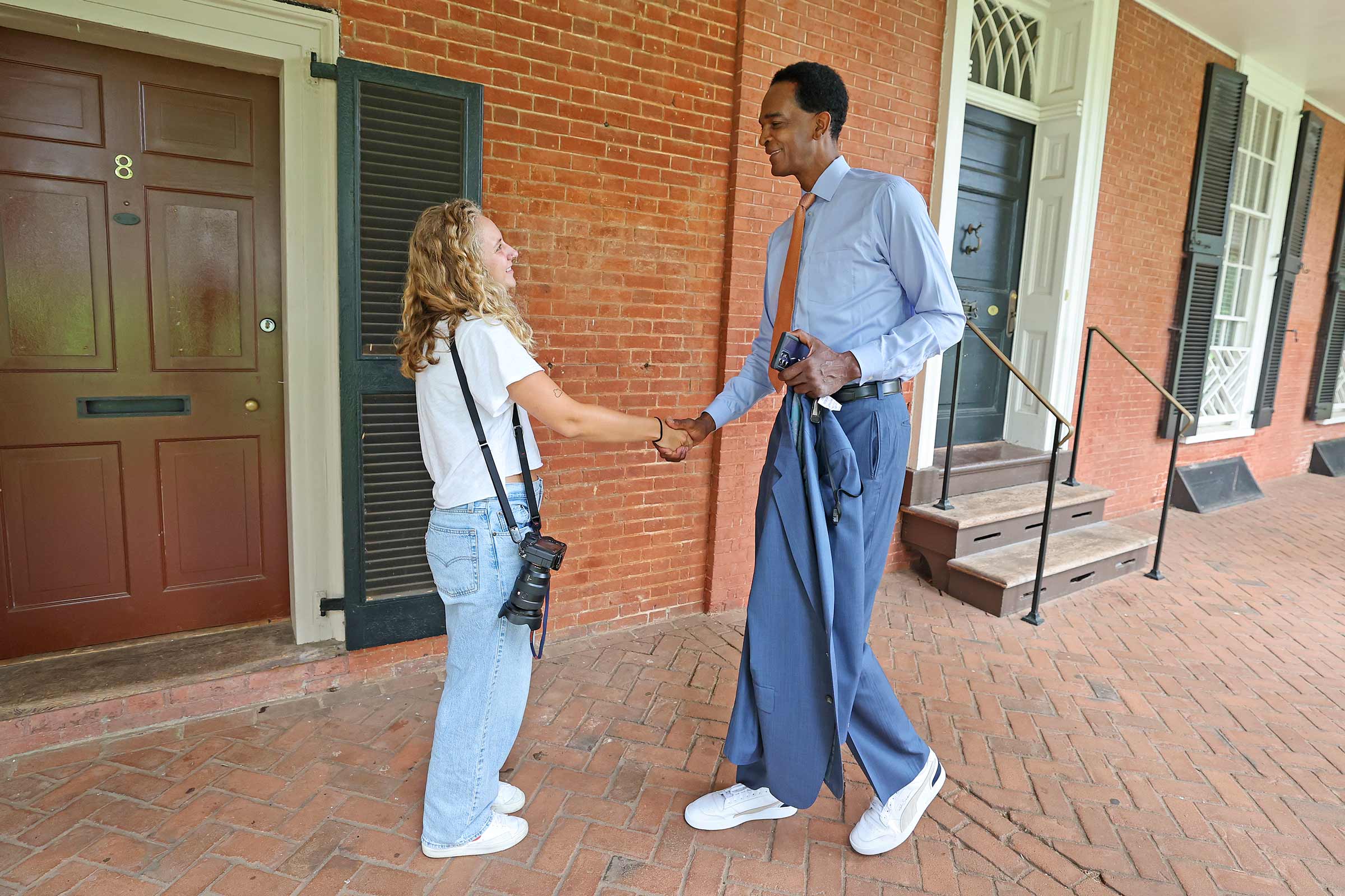 UVA Today photographer Emily Faith Morgan meets Sampson ahead of a special shoot inside Sampson’s old Lawn room.