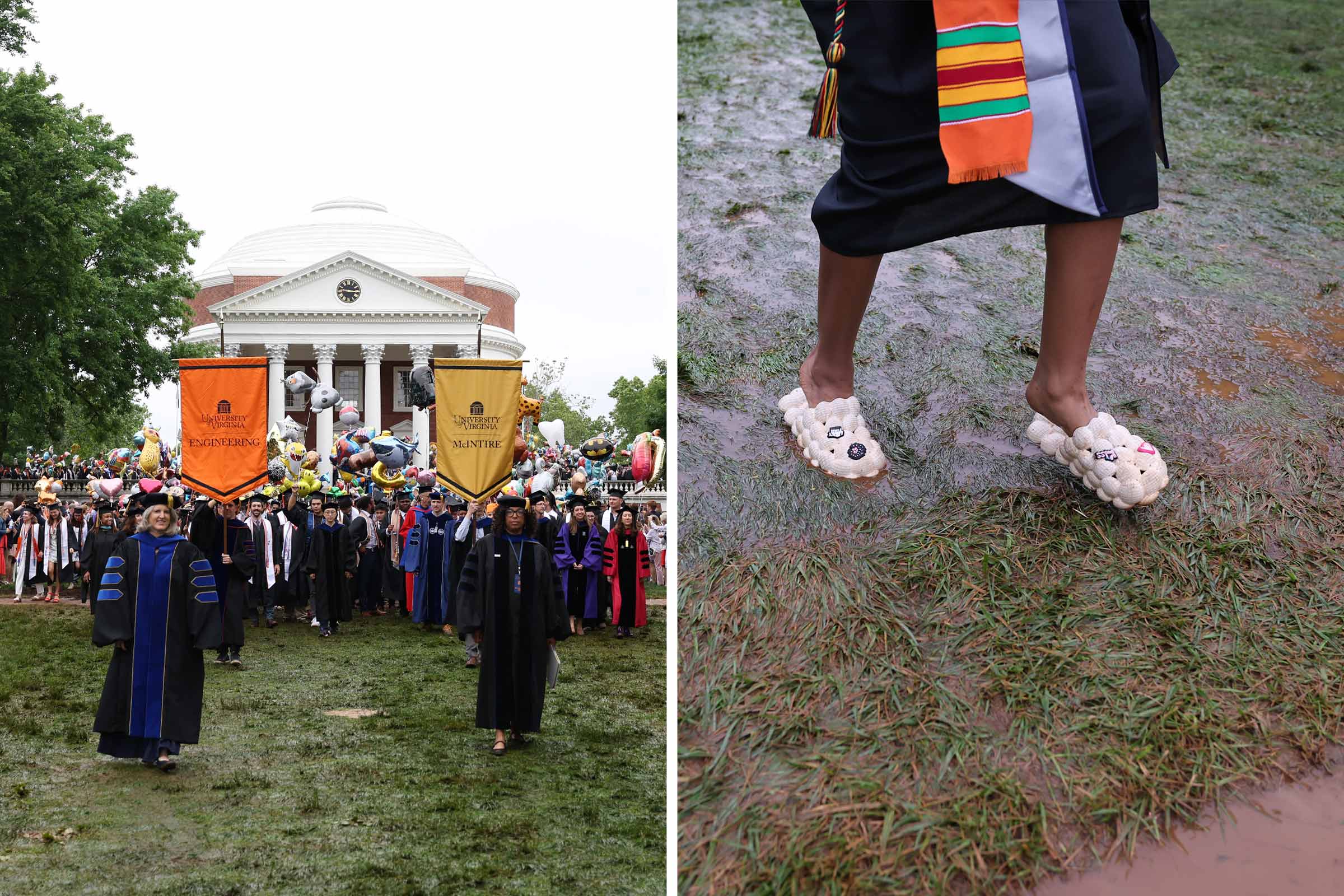 On the left, the beginning of the school processions during final exercises, on the right, croc or flip flop type shoes being sported in the mud by a grad walking during final exercises