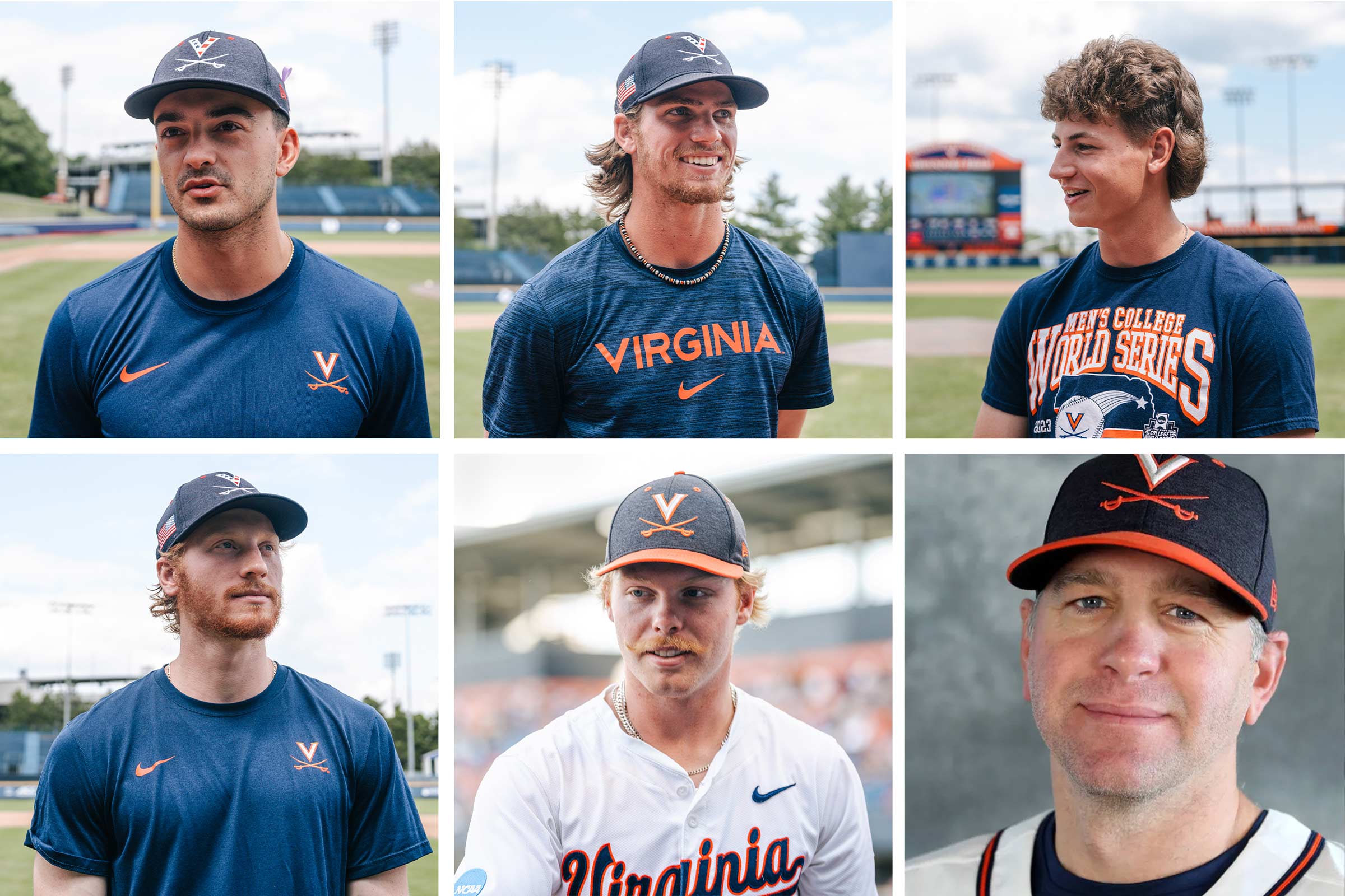 A collection of the superstitious members of UVA’s baseball team. Top row, from left to right, Anthony Stephan, Bobby Whalen and Matt Augustin. Bottom row, from left to right, Casey Saucke, Ethan Anderson and Drew Dickinson.