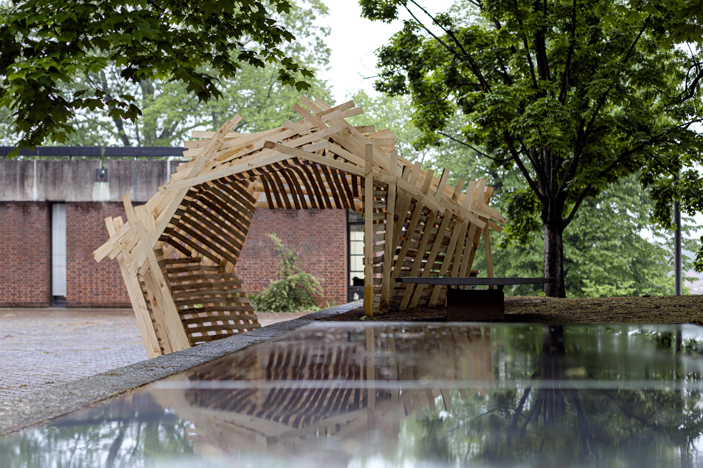 A wooden structure built by Architecture students on the north terrace