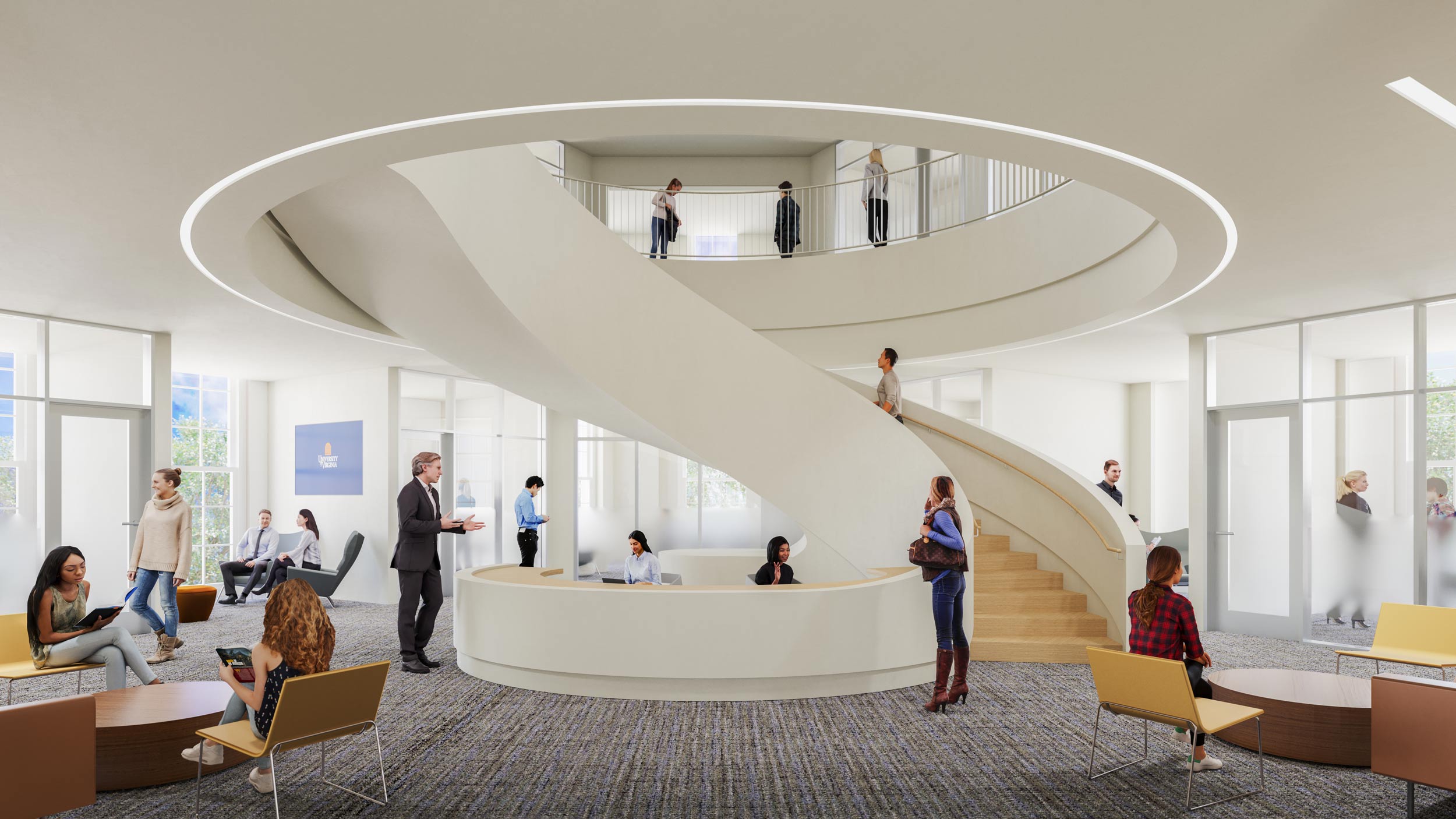 Digital rendering of Shumway Hall's lobby space with spiral staircase in the middle and student spaces around it.