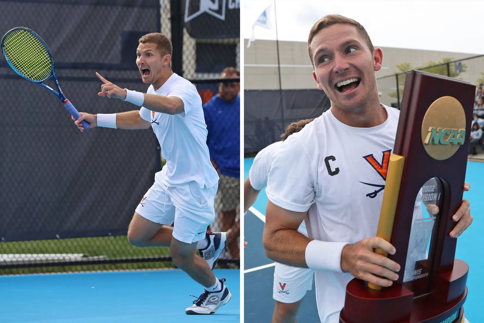 Gianni Ross celebrates on the court while holding a tennis racket and pointing, and Ross holds the NCAA trophy and smiles