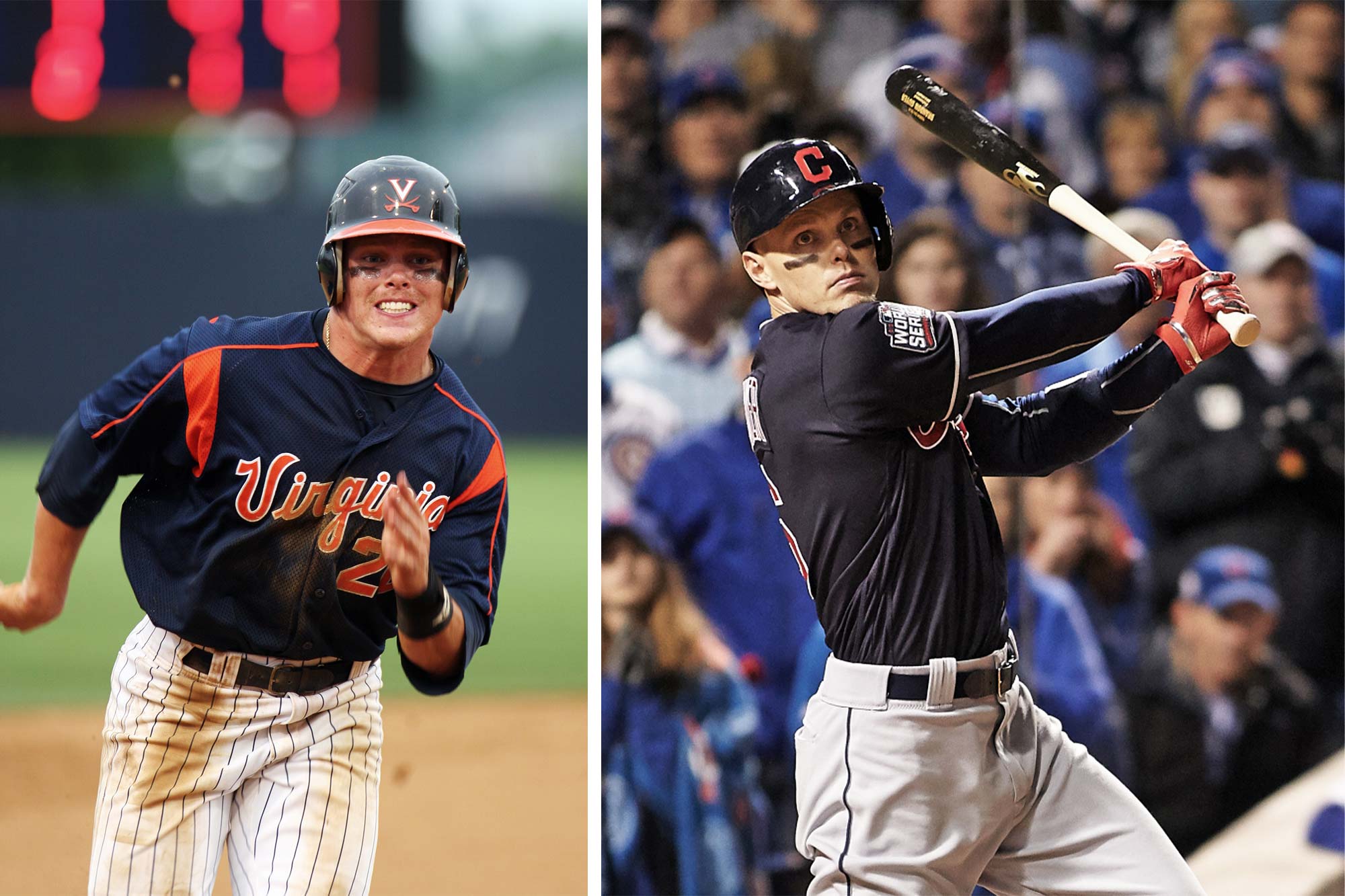 Brandon Guyer playing a game for Virginia, and swinging a bat for the Cleveland Indians