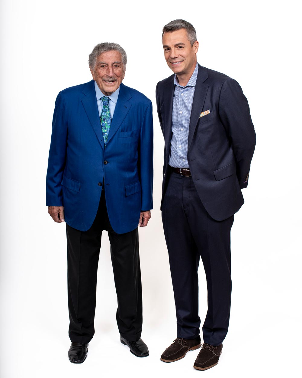 Portrait of Tony Bennett the singer, left, and Tony Bennett the basketball coach, right