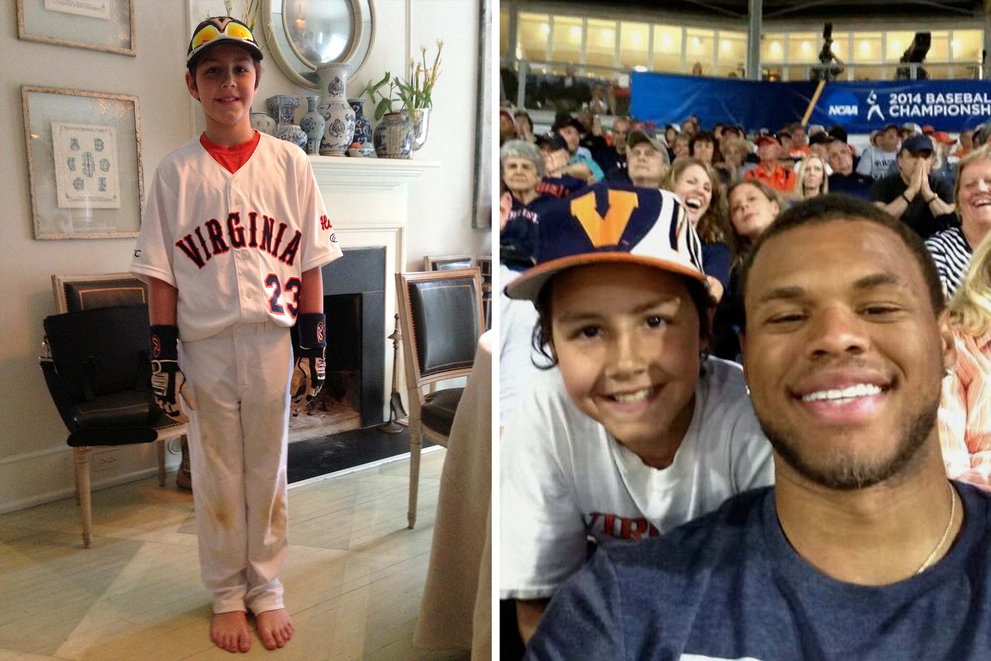 Two photos of Henry Ford as a child wearing UVA gear.