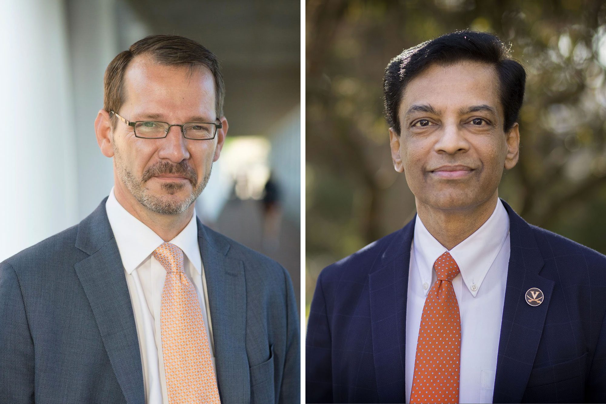 Portraits of Provost Ian Baucom and Vice President for Research Melur K. “Ram” Ramasubramanian