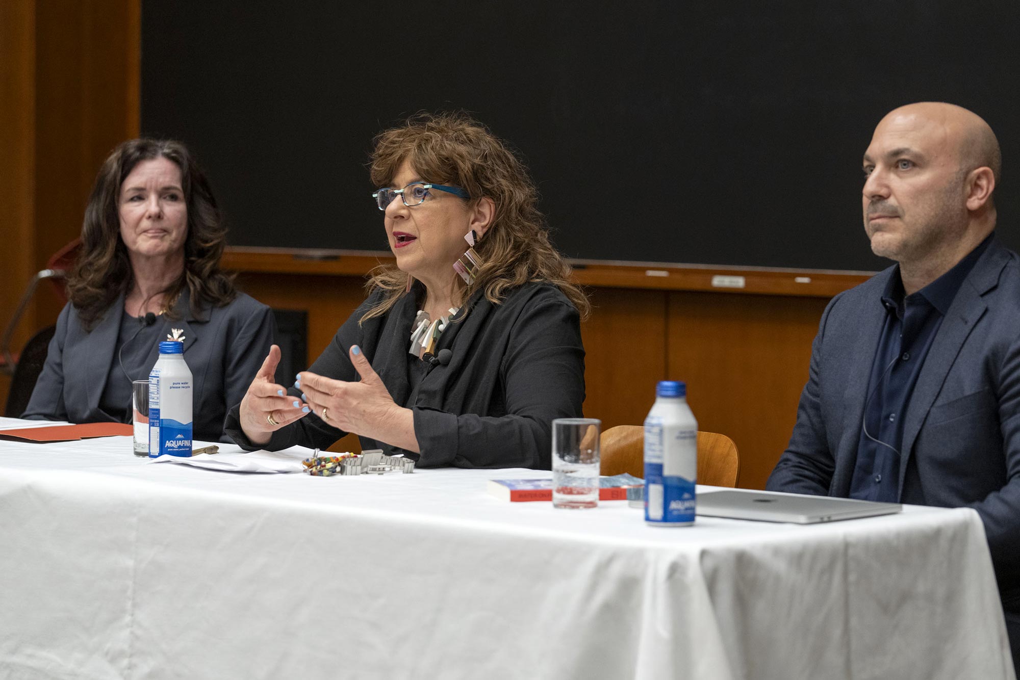 Christa Acampora, left, dean of the College and Graduate School of Arts & Sciences, moderated the discussion with Dartmouth College professors Susannah Heschel and Tarek El-Ariss. The pair’s UVA visit was part of a cross-country college tour to share what they have learned about having productive and respectful conversations about violence in the Middle East. 